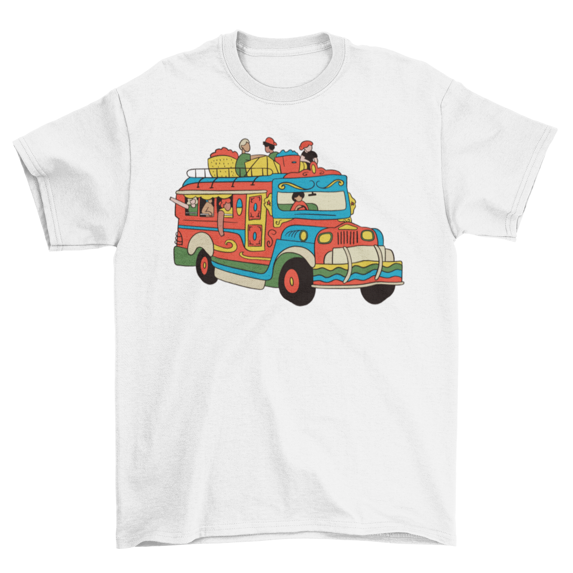 A colorful Jeepney Car T-shirt featuring a traditional Filipino jeepney design, showcasing vibrant colors and intricate details.