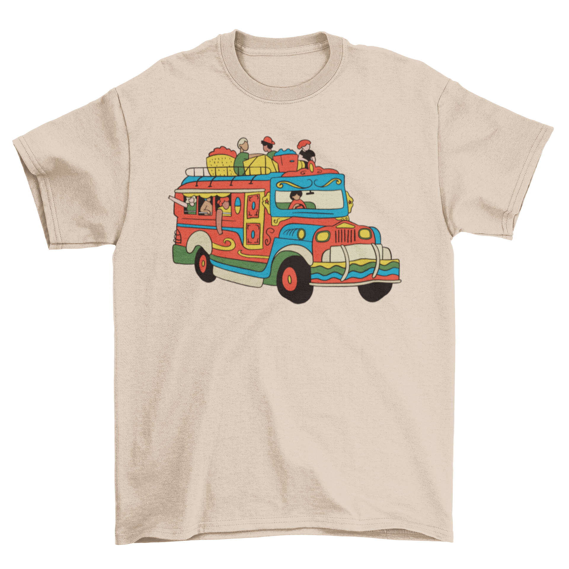 A colorful Jeepney Car T-shirt featuring a traditional Filipino jeepney design, showcasing vibrant colors and intricate details.