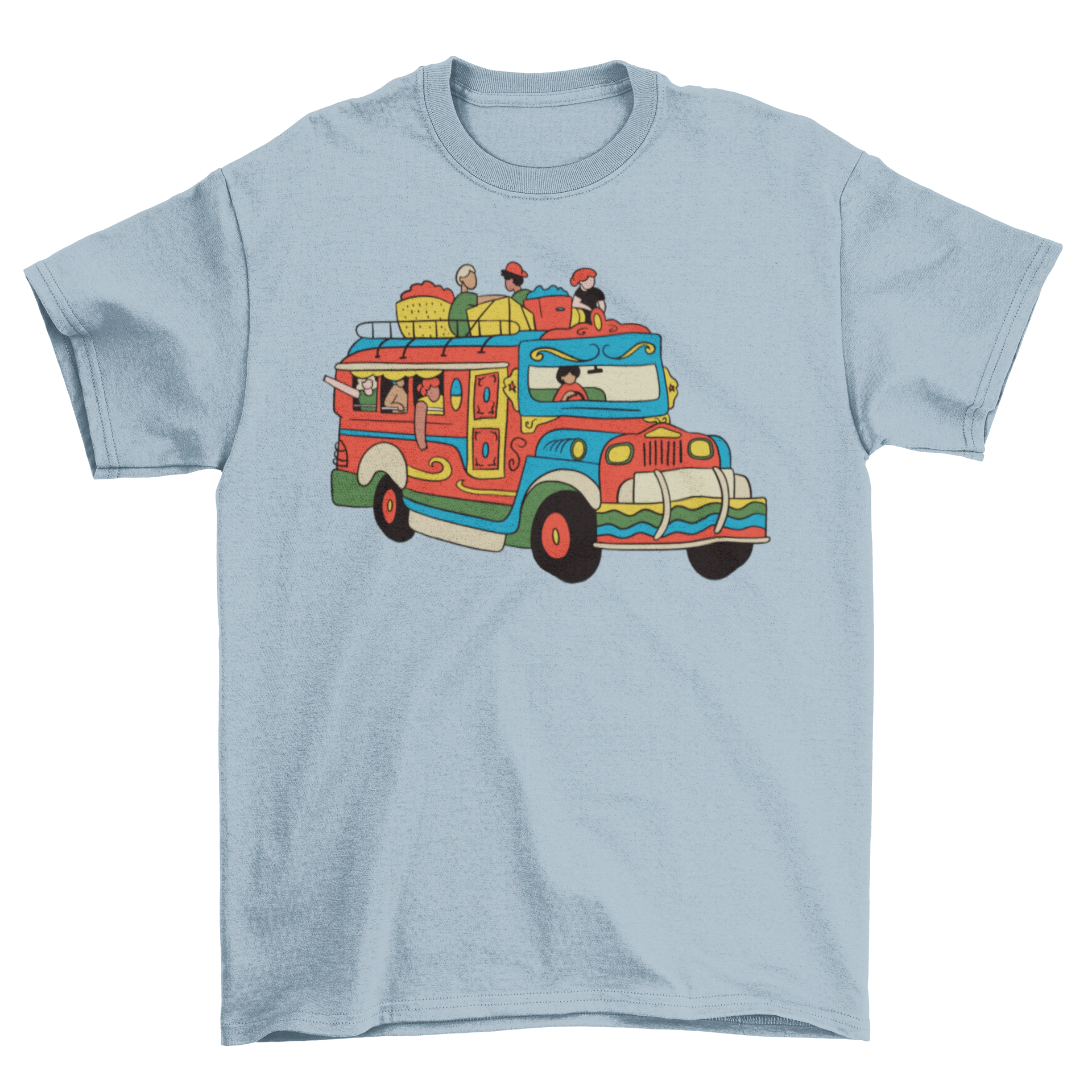 A colorful Jeepney Car T-shirt featuring a traditional Filipino jeepney design, showcasing vibrant colors and intricate details.