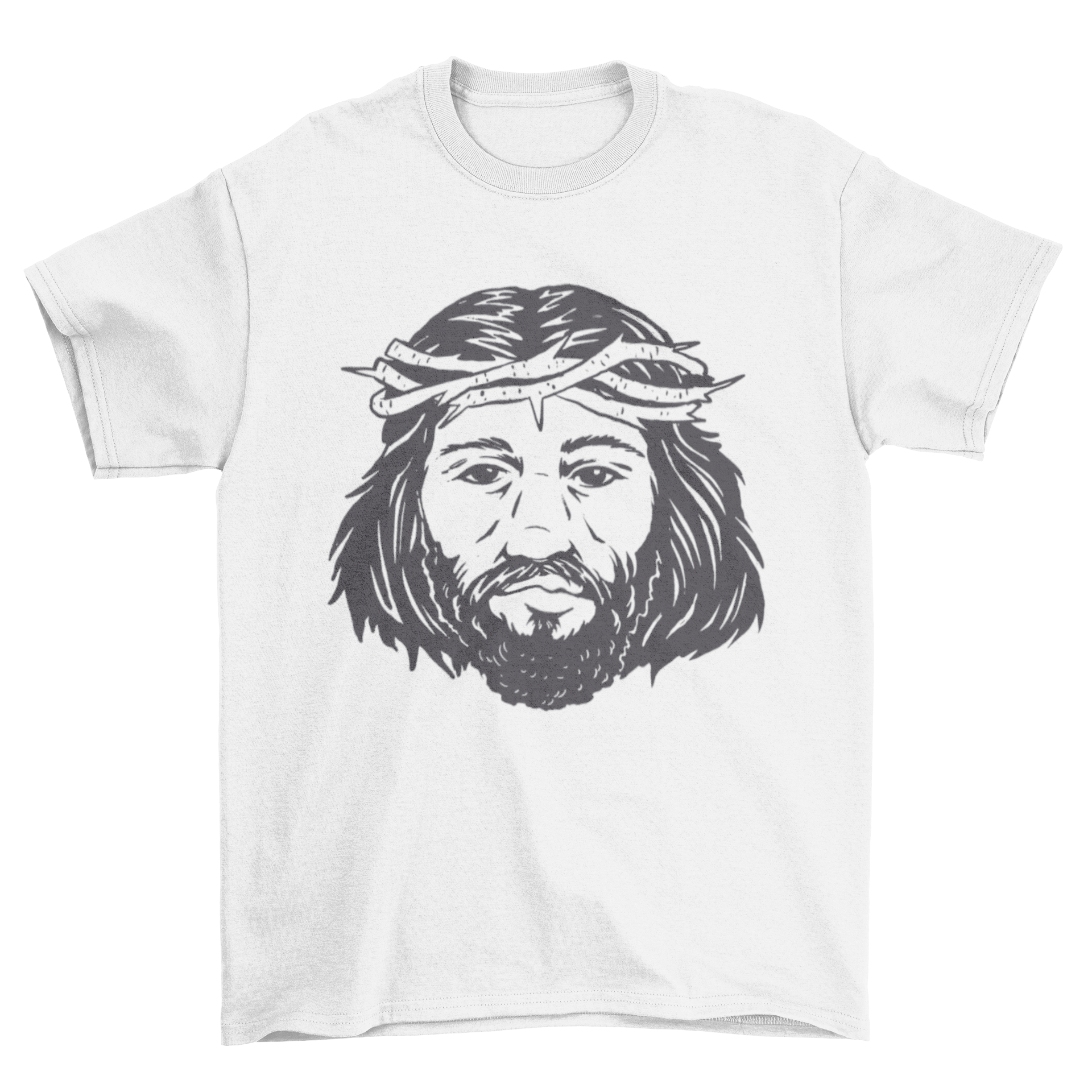 A stylish t-shirt featuring a detailed portrait of Jesus Christ, perfect for expressing faith.