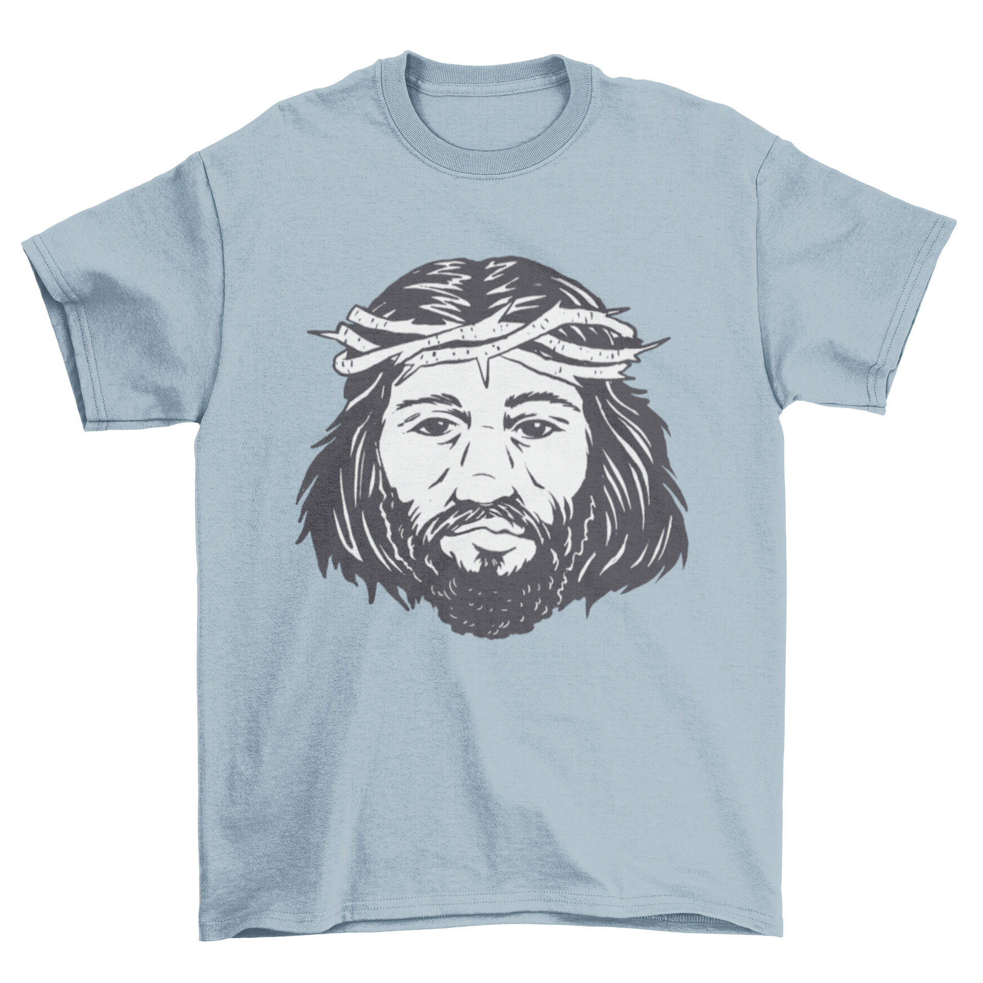 A stylish t-shirt featuring a detailed portrait of Jesus Christ, perfect for expressing faith.