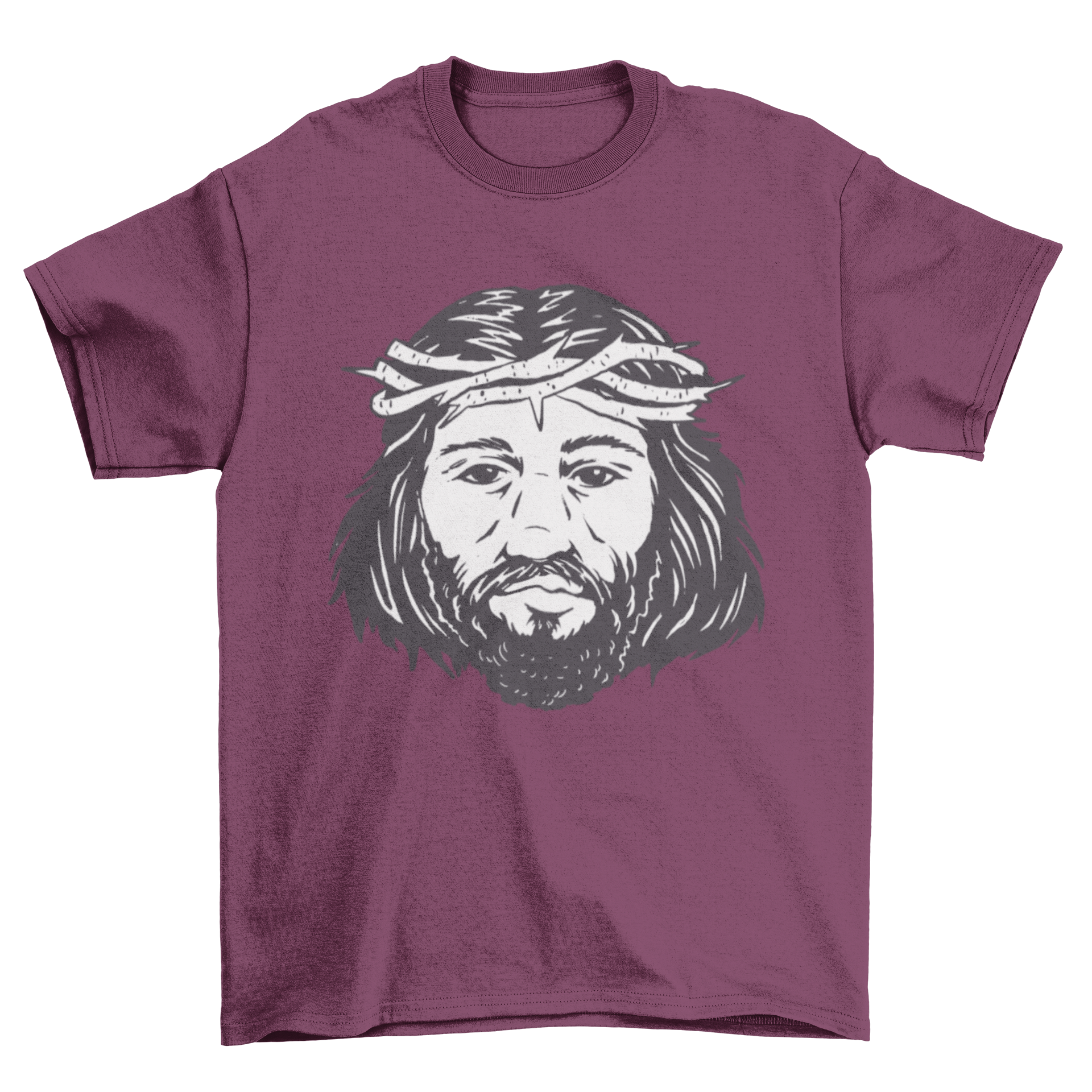 A stylish t-shirt featuring a detailed portrait of Jesus Christ, perfect for expressing faith.