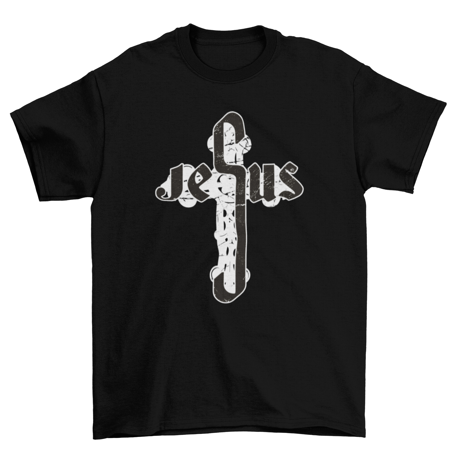 A stylish Jesus Cross T-shirt featuring the word 'Jesus' with the middle 'S' designed as a large cross.