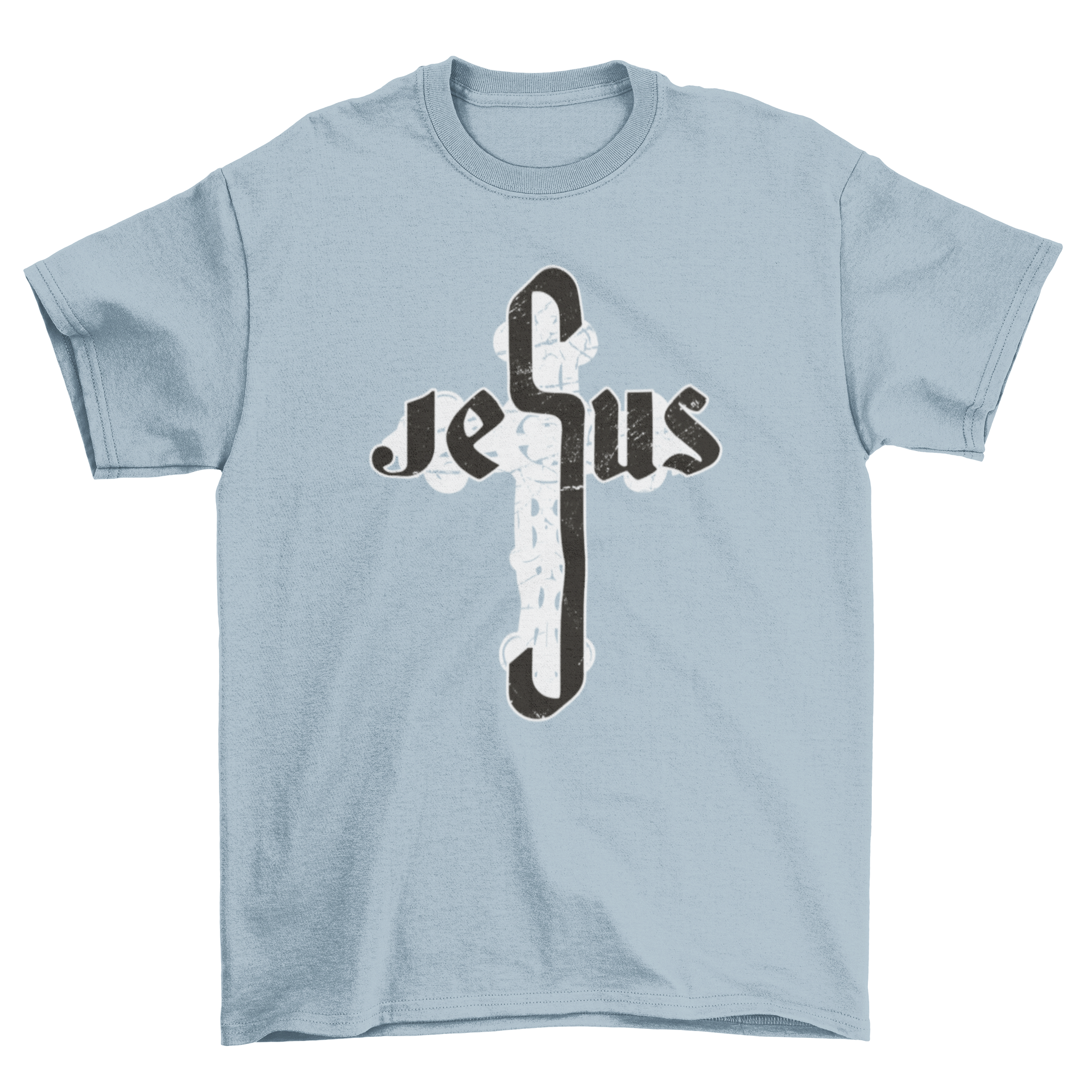 A stylish Jesus Cross T-shirt featuring the word 'Jesus' with the middle 'S' designed as a large cross.