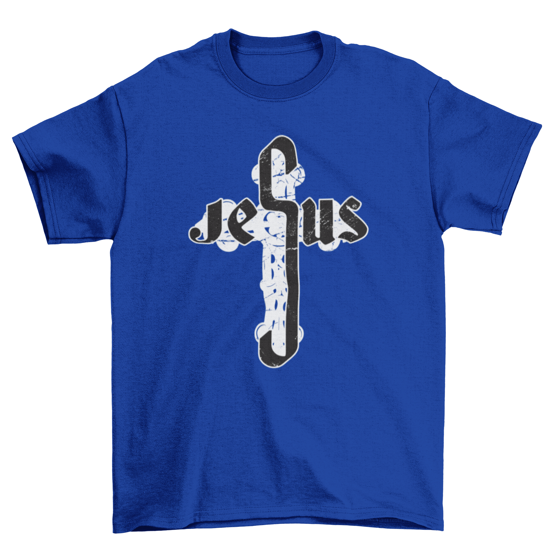 A stylish Jesus Cross T-shirt featuring the word 'Jesus' with the middle 'S' designed as a large cross.