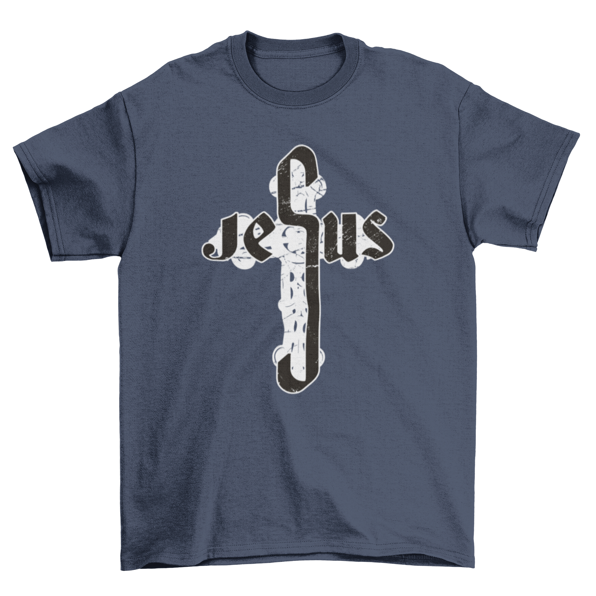 A stylish Jesus Cross T-shirt featuring the word 'Jesus' with the middle 'S' designed as a large cross.