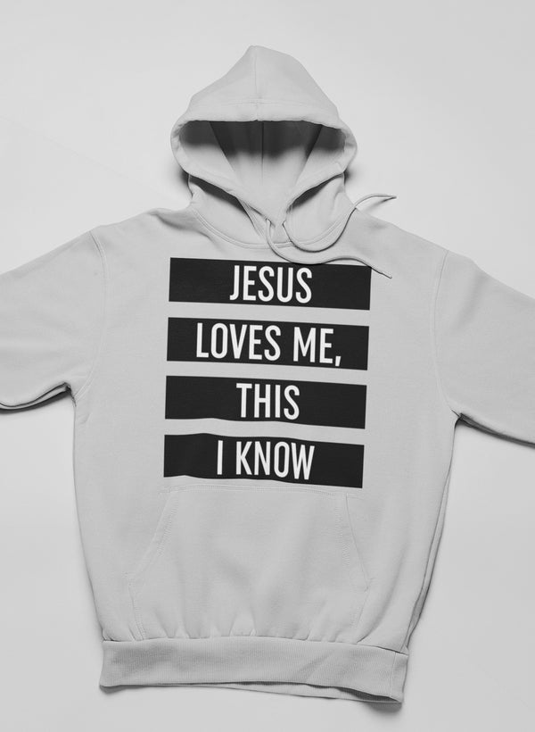 A cozy Jesus Loves Me This I Know Hoodie featuring a warm fleece lining and adjustable hood, perfect for expressing faith in style.