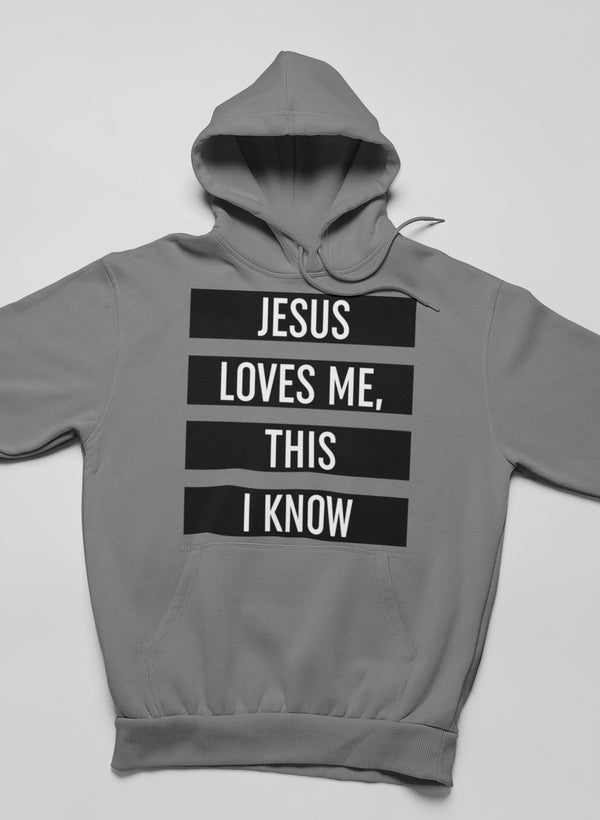 A cozy Jesus Loves Me This I Know Hoodie featuring a warm fleece lining and adjustable hood, perfect for expressing faith in style.