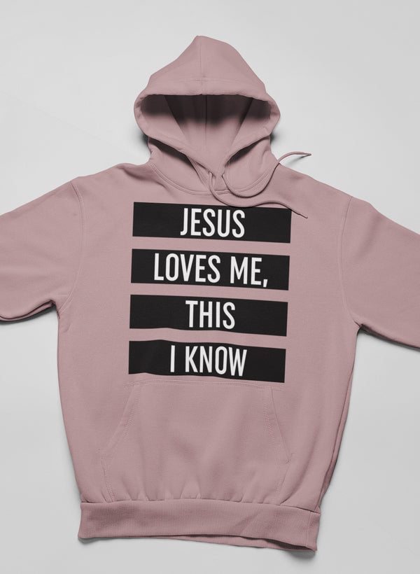 A cozy Jesus Loves Me This I Know Hoodie featuring a warm fleece lining and adjustable hood, perfect for expressing faith in style.