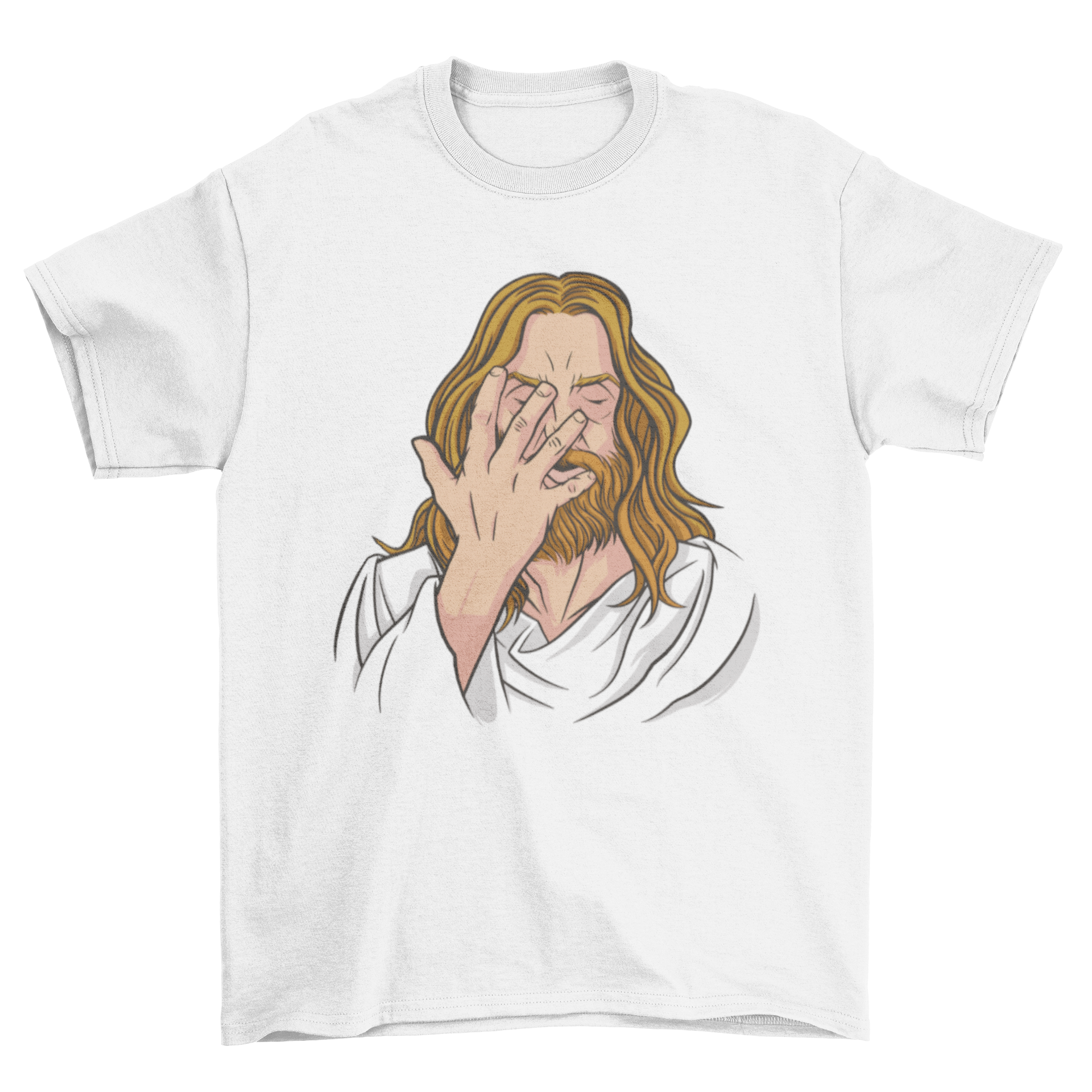 A humorous t-shirt featuring a graphic of Jesus facepalming, showcasing a lighthearted religious parody design.