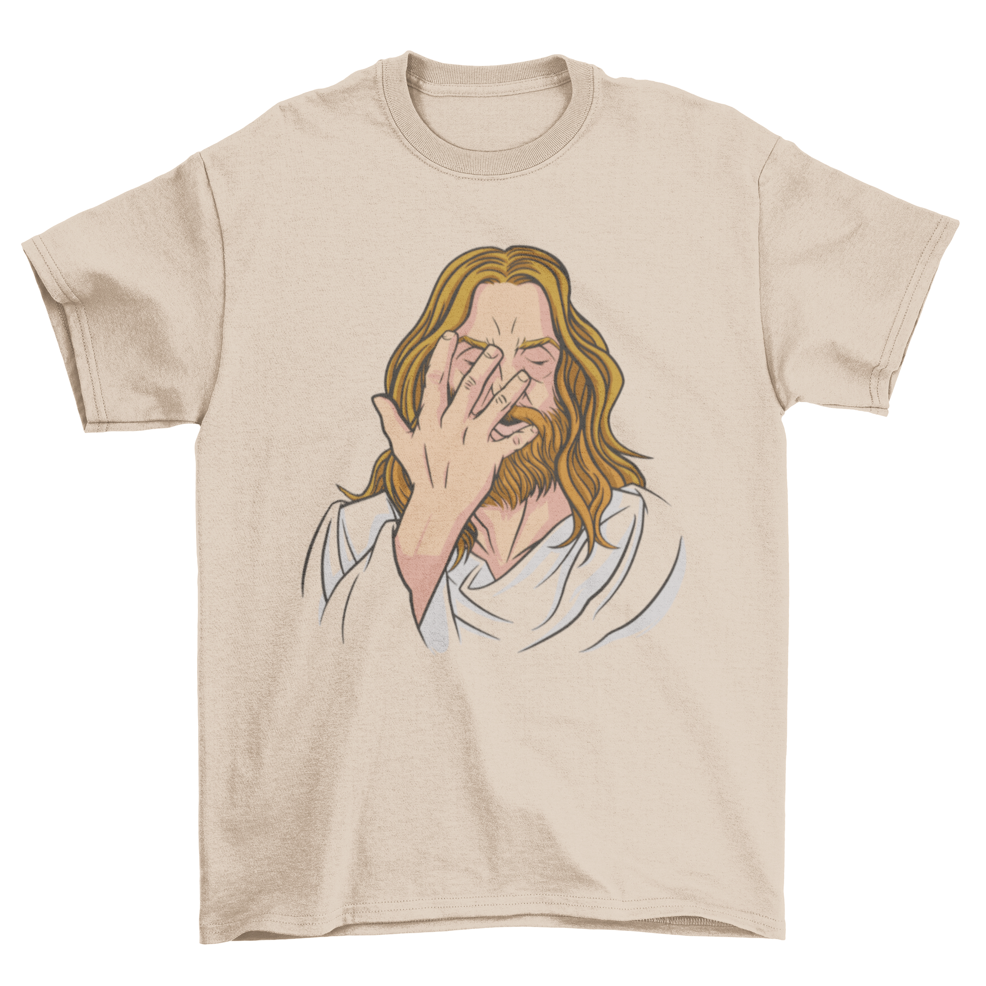 A humorous t-shirt featuring a graphic of Jesus facepalming, showcasing a lighthearted religious parody design.