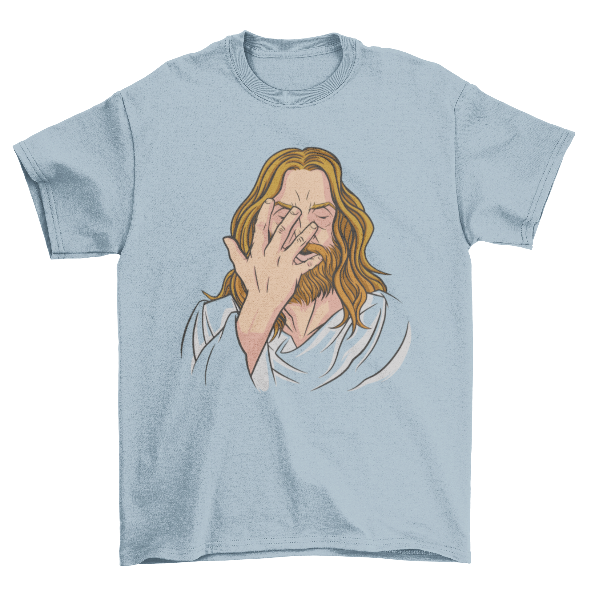 A humorous t-shirt featuring a graphic of Jesus facepalming, showcasing a lighthearted religious parody design.