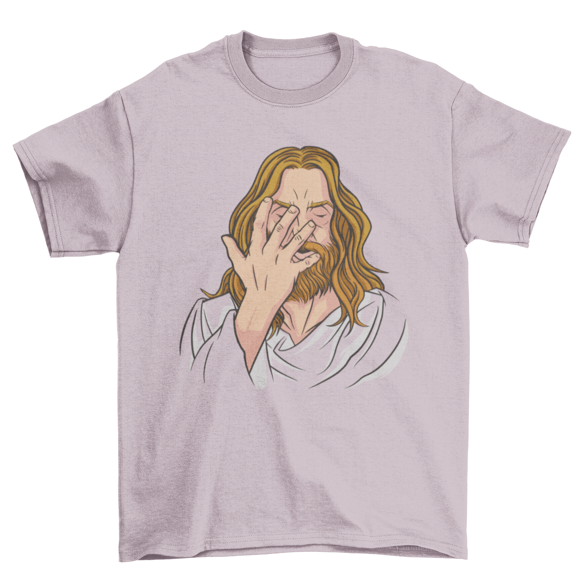 A humorous t-shirt featuring a graphic of Jesus facepalming, showcasing a lighthearted religious parody design.