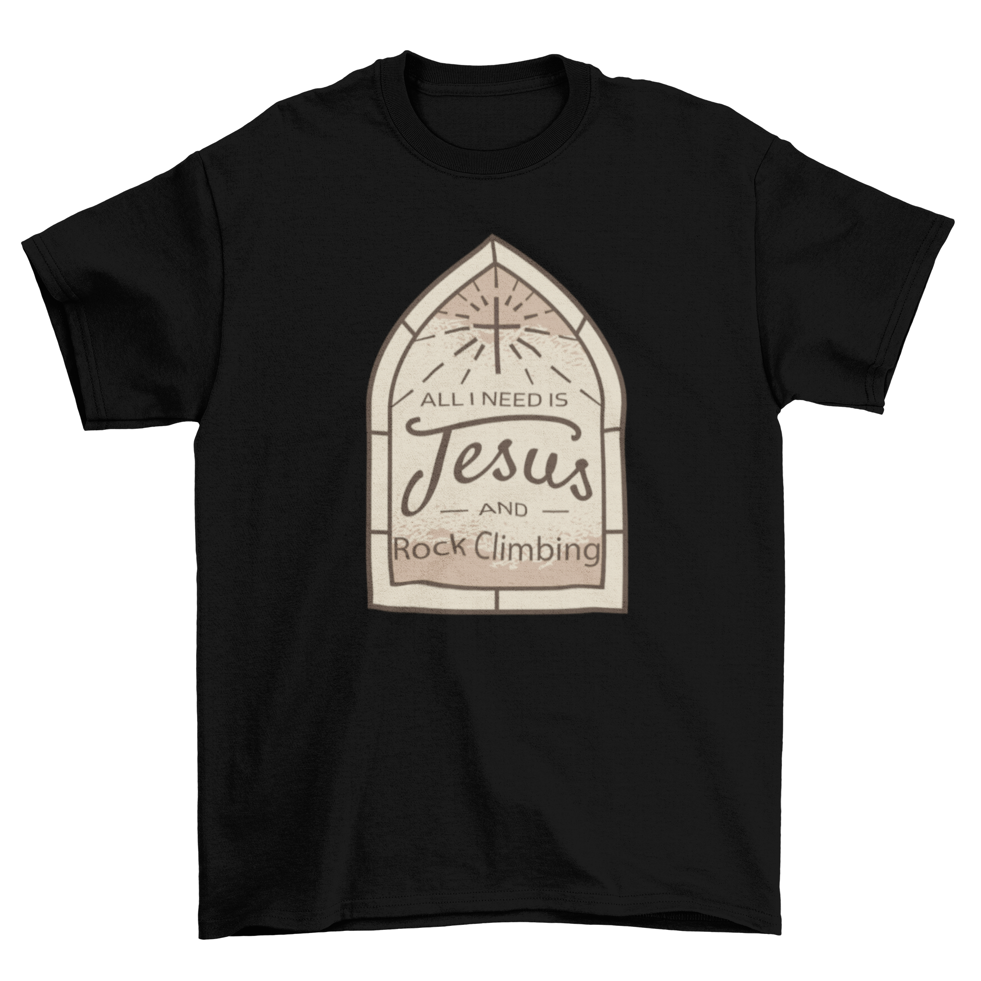 A stylish t-shirt featuring the quote 'All I need is Jesus and rock climbing' in a bold design, perfect for outdoor enthusiasts.