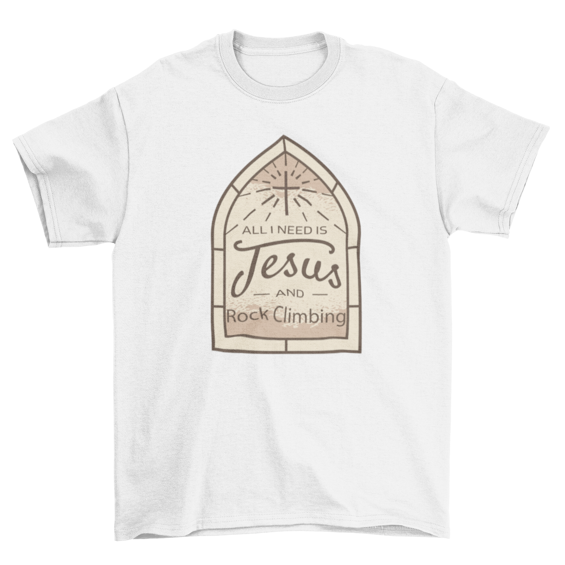 A stylish t-shirt featuring the quote 'All I need is Jesus and rock climbing' in a bold design, perfect for outdoor enthusiasts.