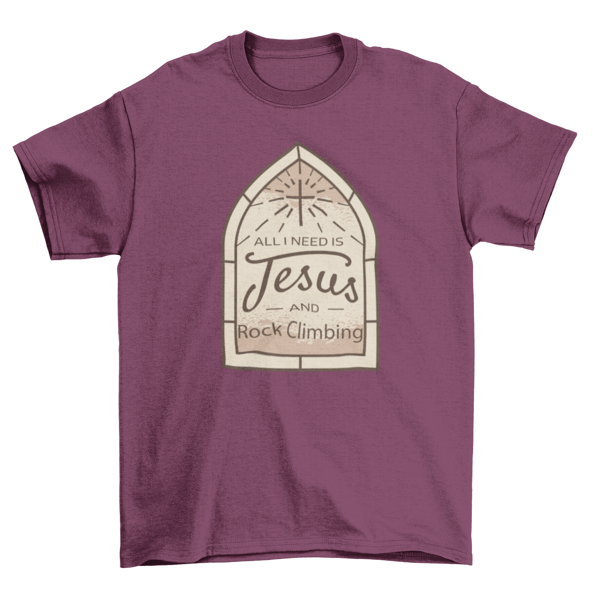 A stylish t-shirt featuring the quote 'All I need is Jesus and rock climbing' in a bold design, perfect for outdoor enthusiasts.