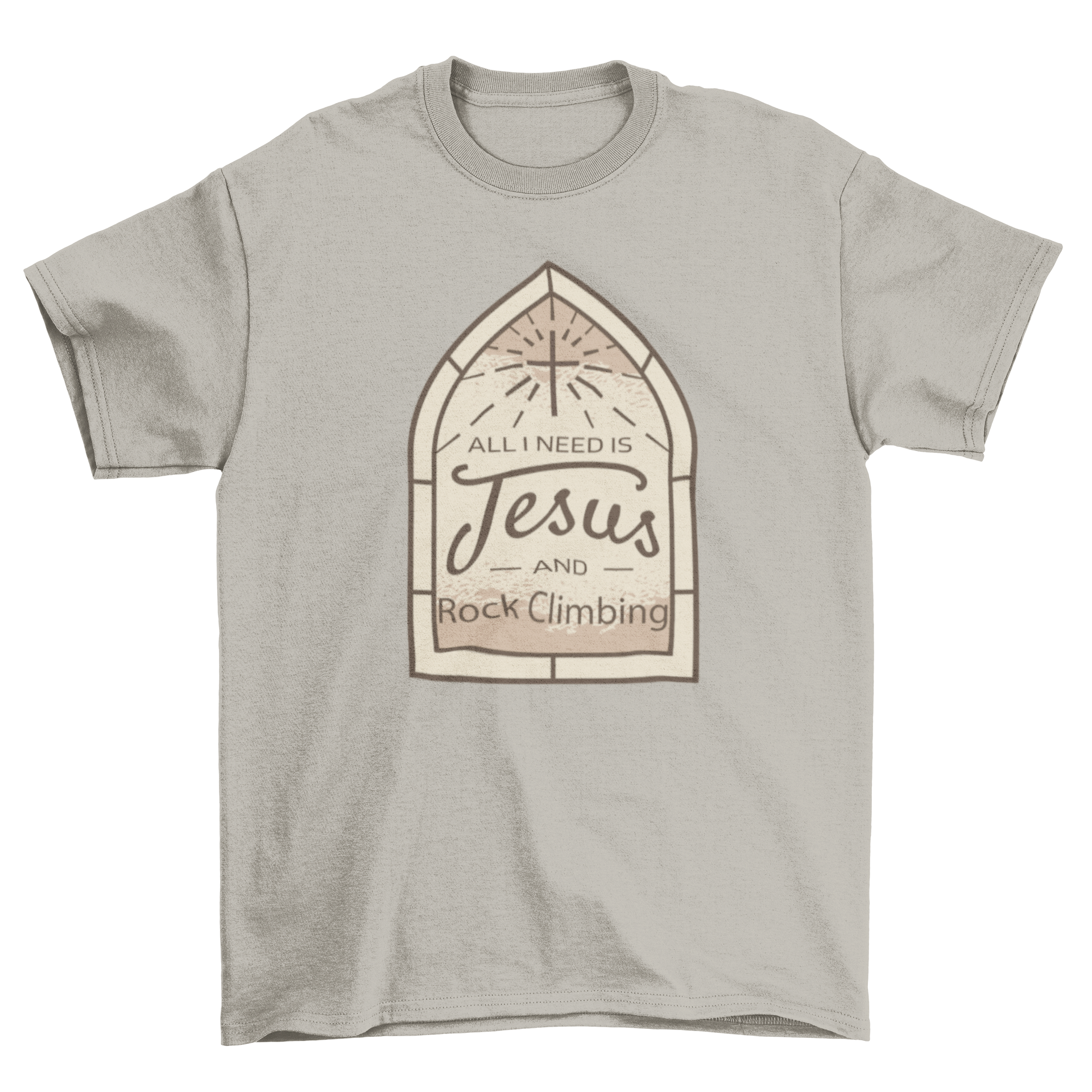 A stylish t-shirt featuring the quote 'All I need is Jesus and rock climbing' in a bold design, perfect for outdoor enthusiasts.