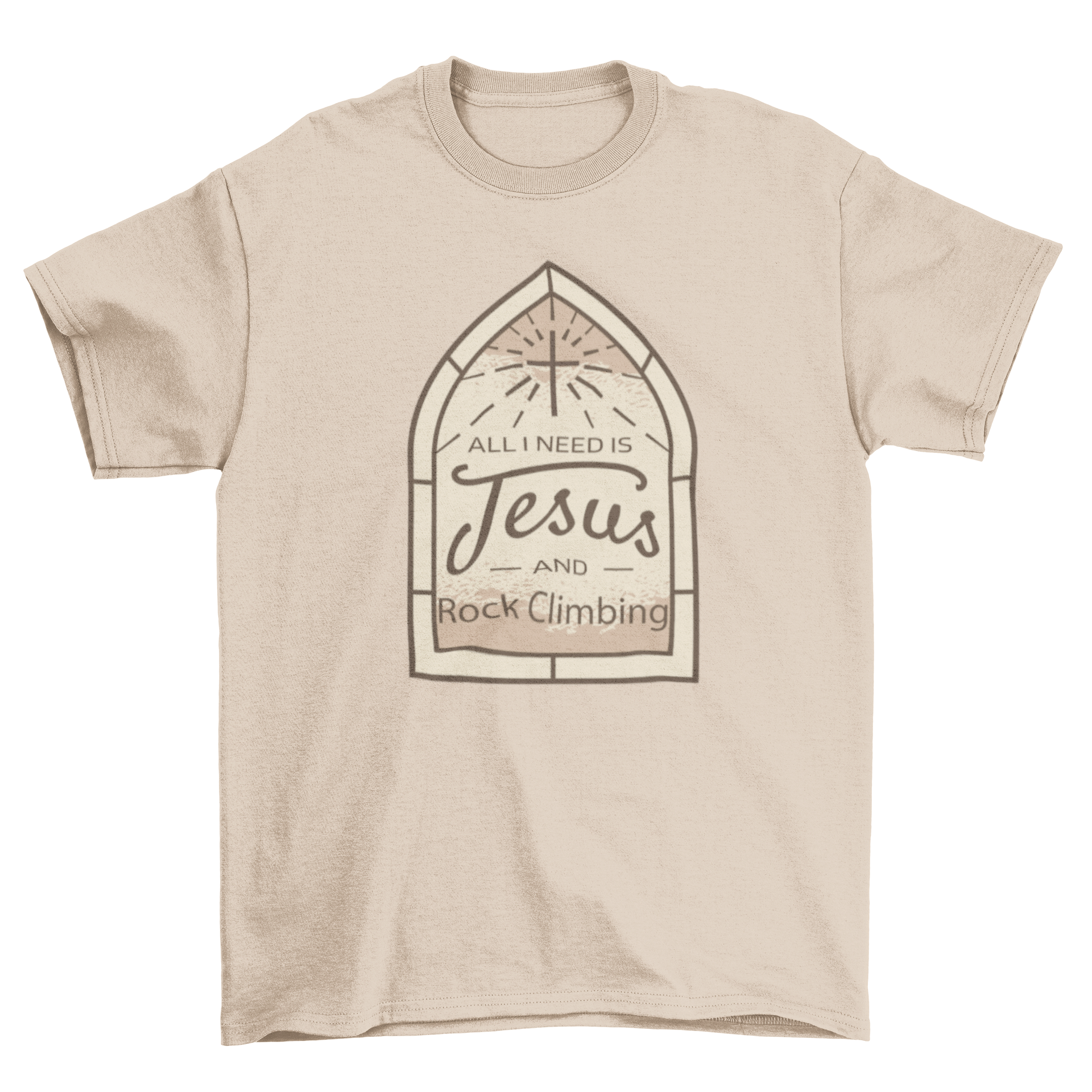 A stylish t-shirt featuring the quote 'All I need is Jesus and rock climbing' in a bold design, perfect for outdoor enthusiasts.