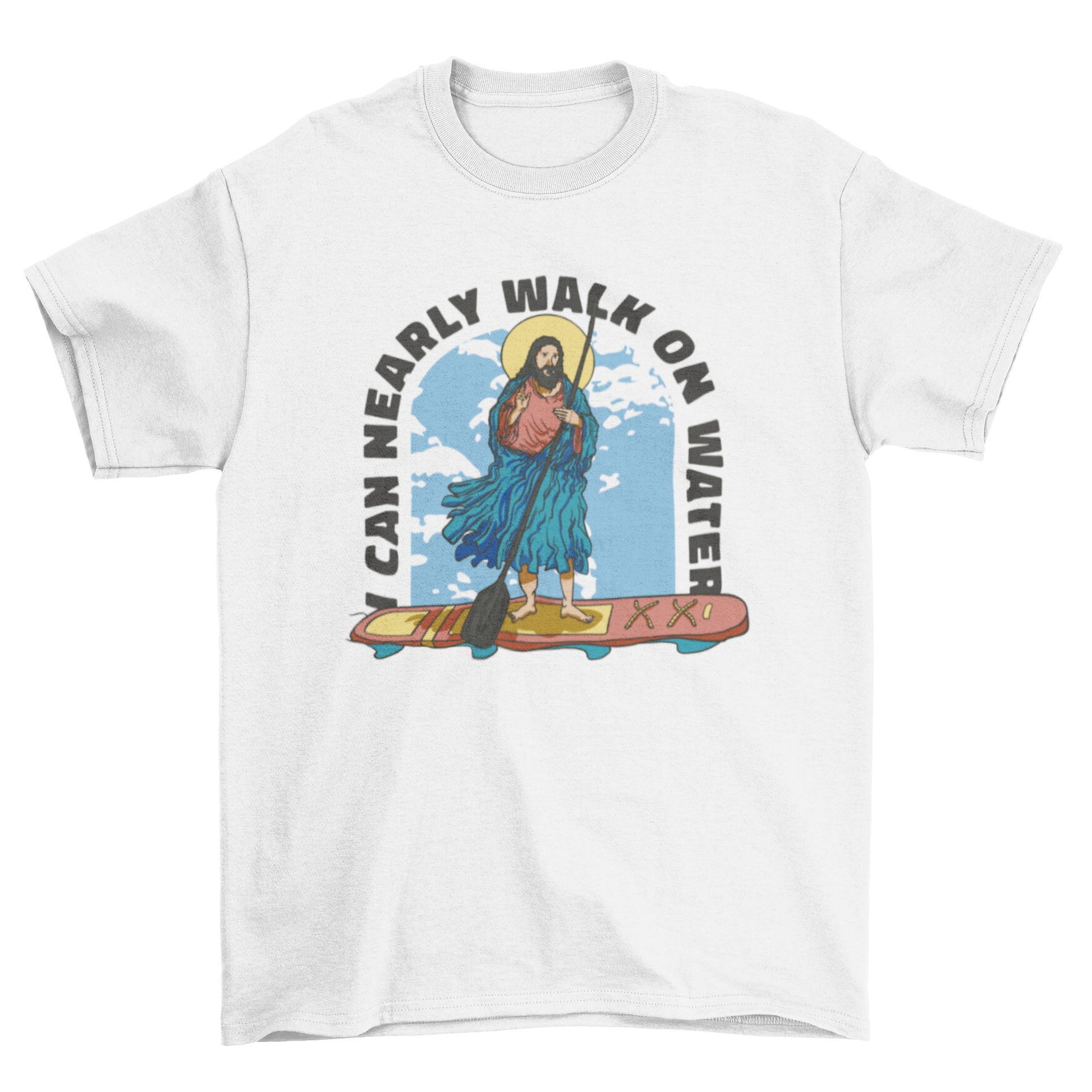 A humorous t-shirt design featuring Jesus surfing on a board with the quote 'I can nearly walk on water'.