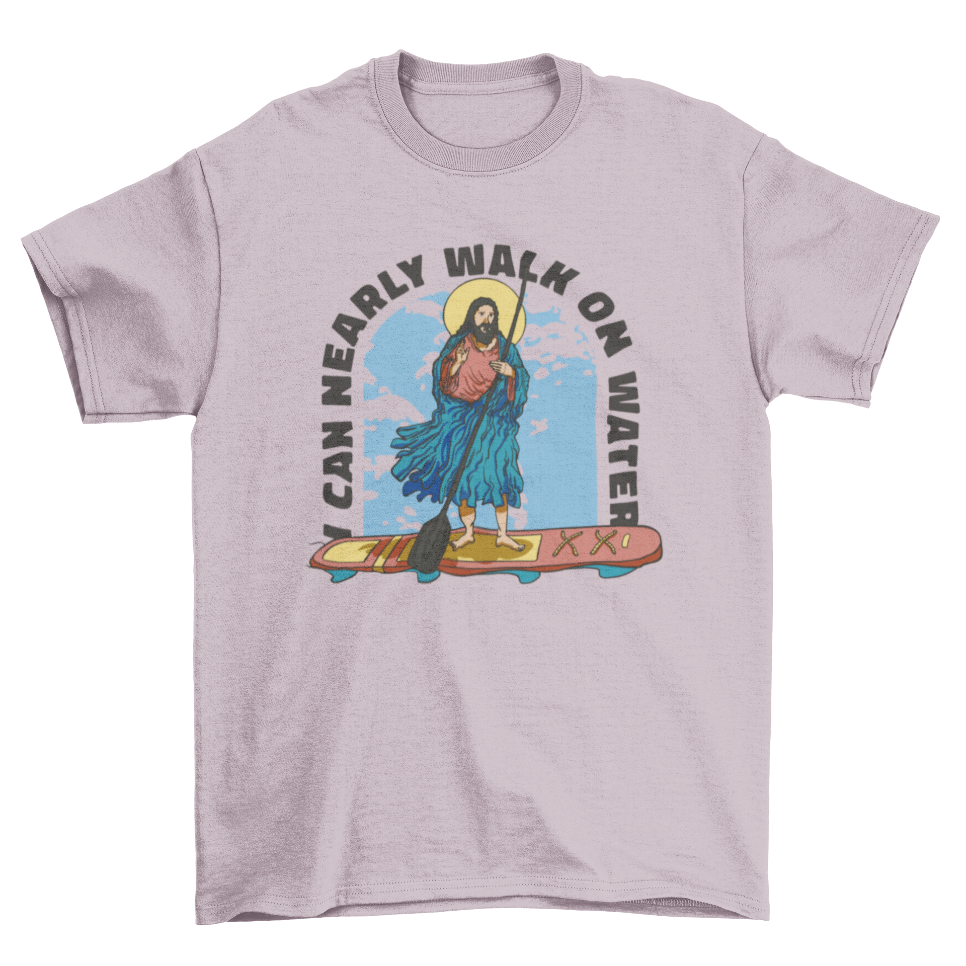 A humorous t-shirt design featuring Jesus surfing on a board with the quote 'I can nearly walk on water'.