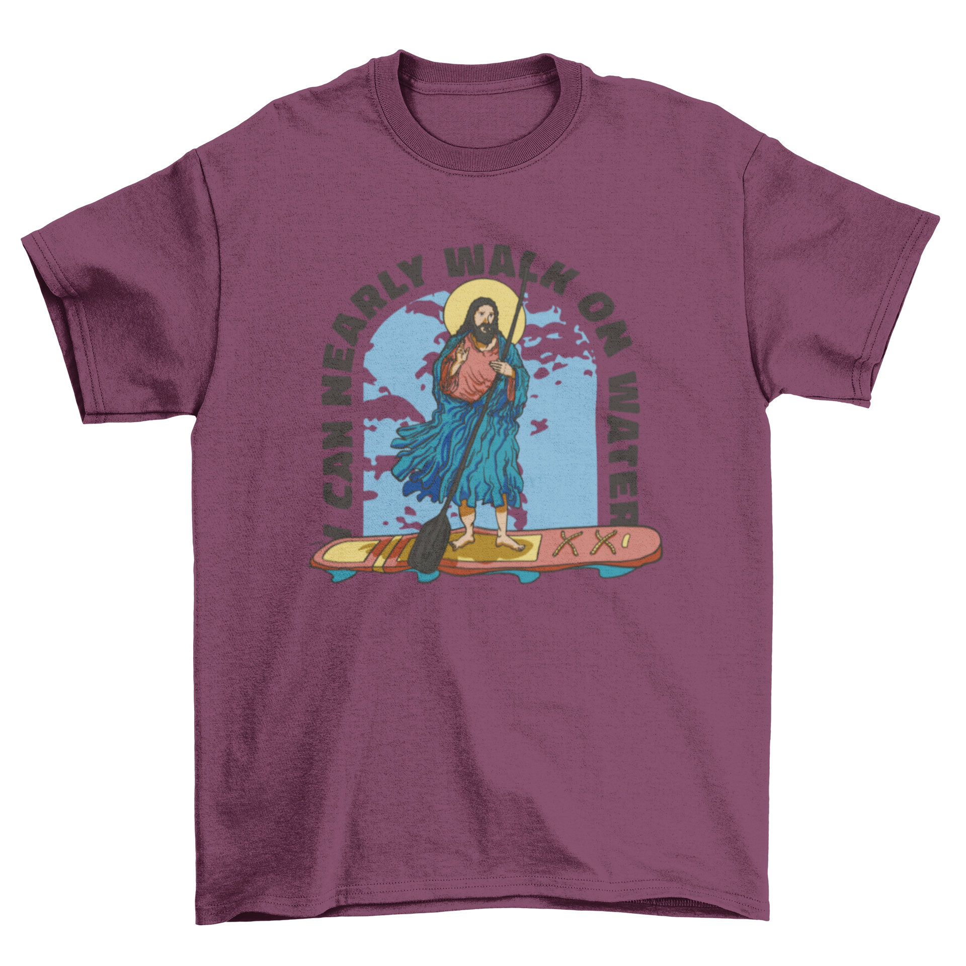 A humorous t-shirt design featuring Jesus surfing on a board with the quote 'I can nearly walk on water'.