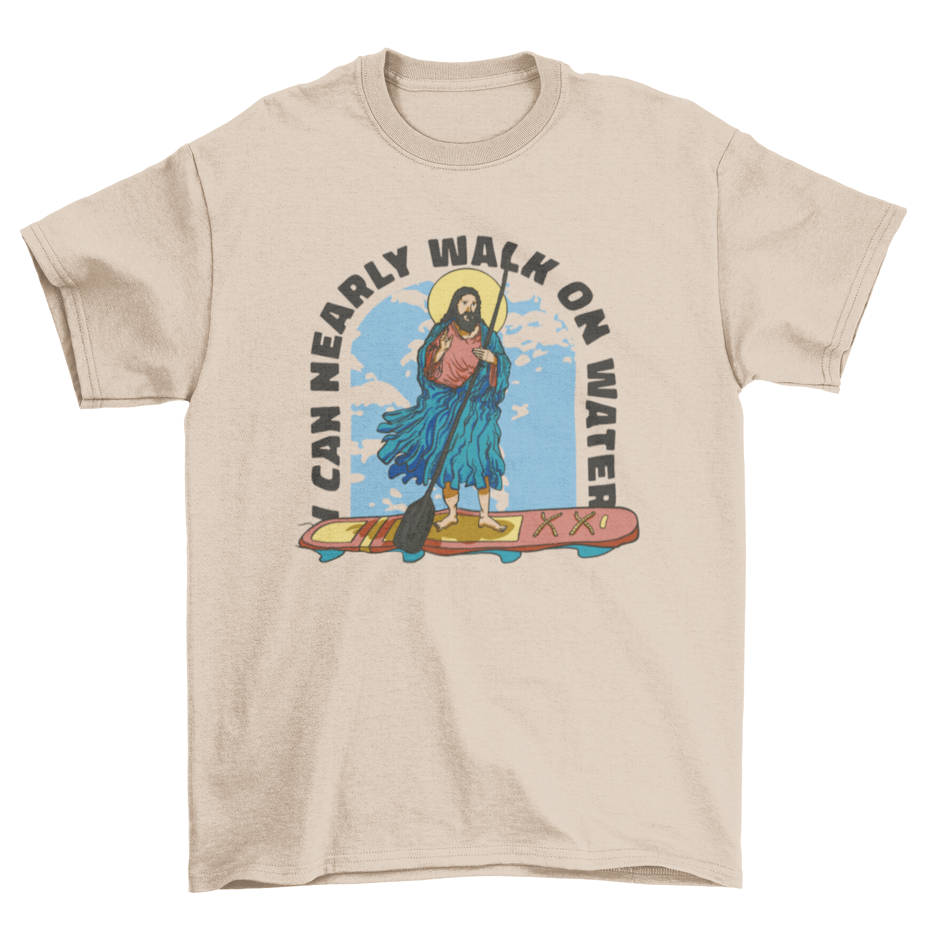 A humorous t-shirt design featuring Jesus surfing on a board with the quote 'I can nearly walk on water'.