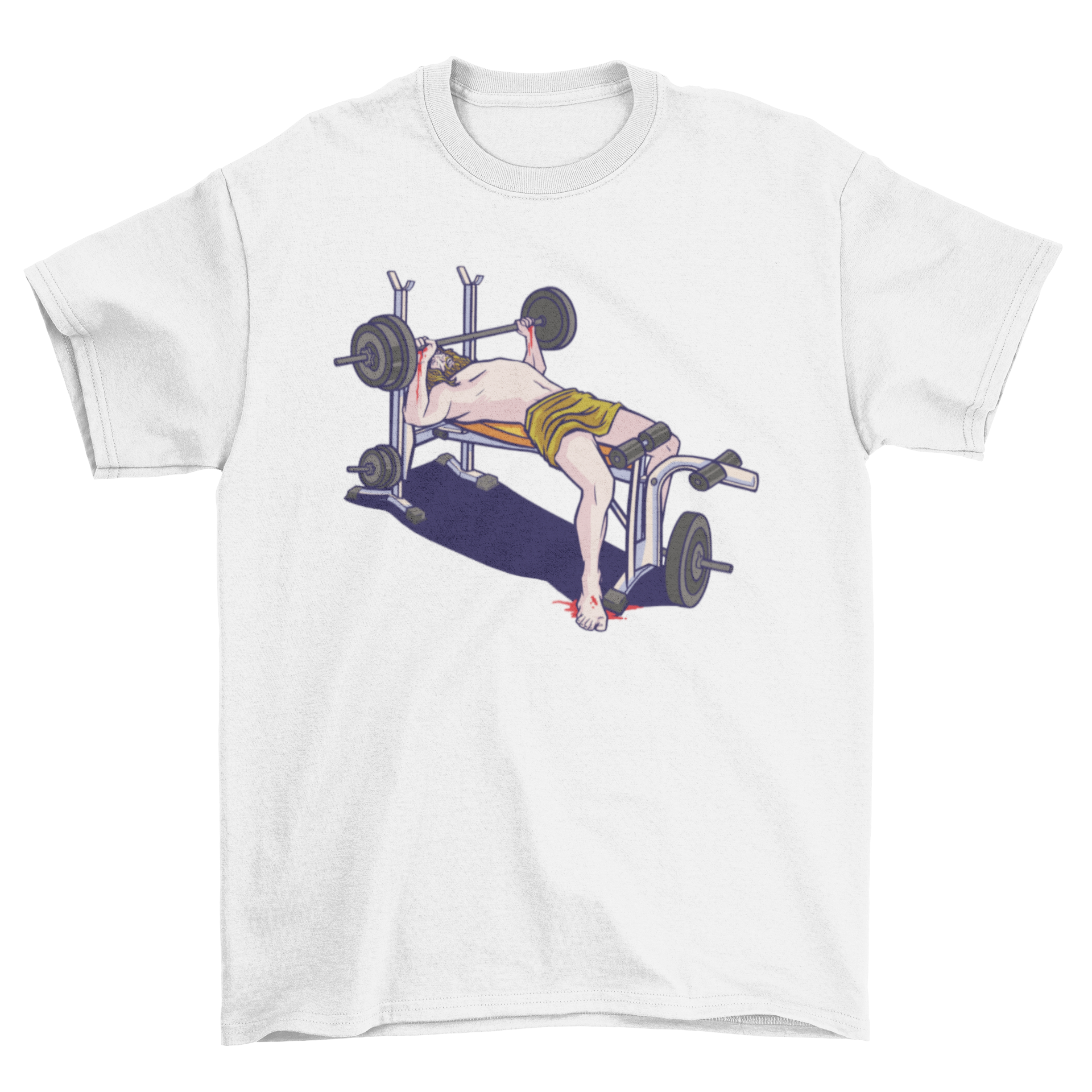 A stylish t-shirt featuring a graphic of Jesus lifting weights on a bench, symbolizing faith and fitness.