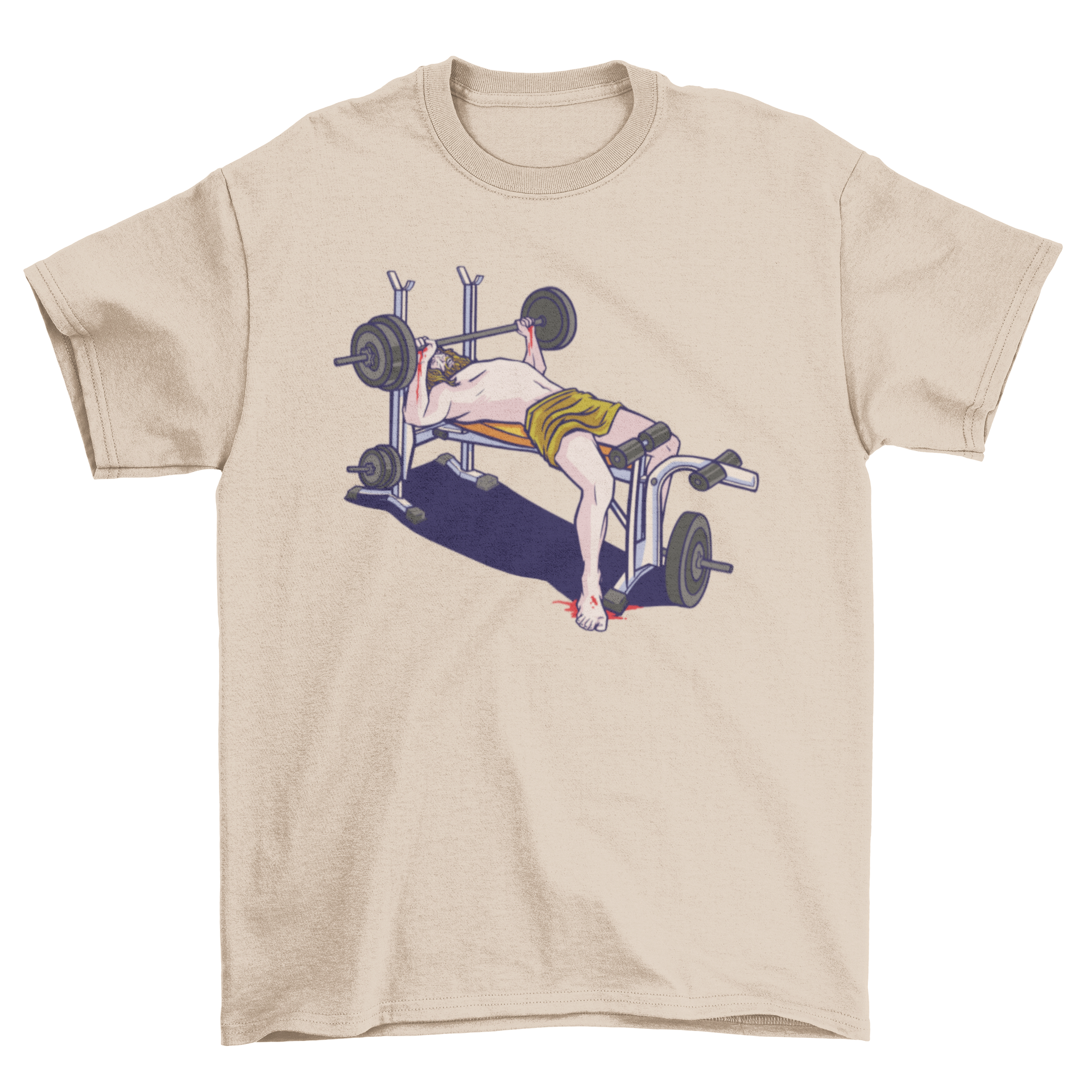 A stylish t-shirt featuring a graphic of Jesus lifting weights on a bench, symbolizing faith and fitness.