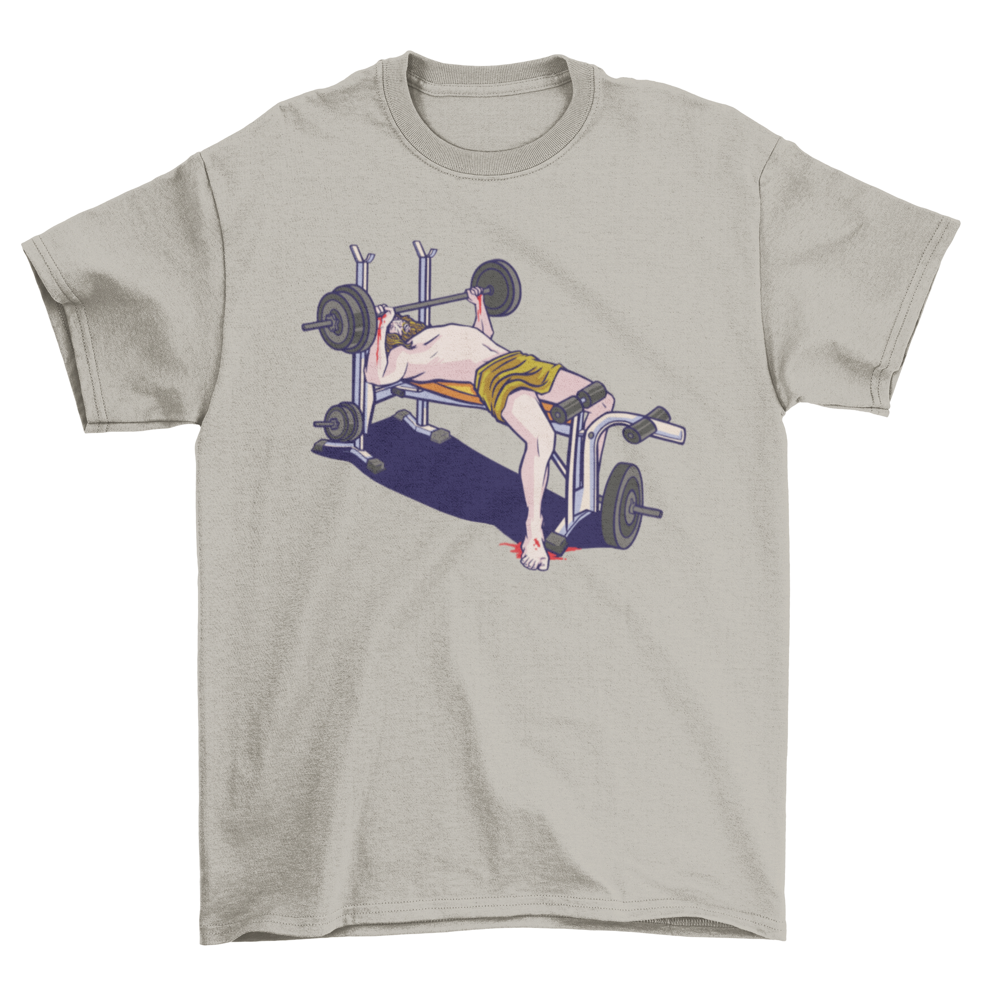 A stylish t-shirt featuring a graphic of Jesus lifting weights on a bench, symbolizing faith and fitness.