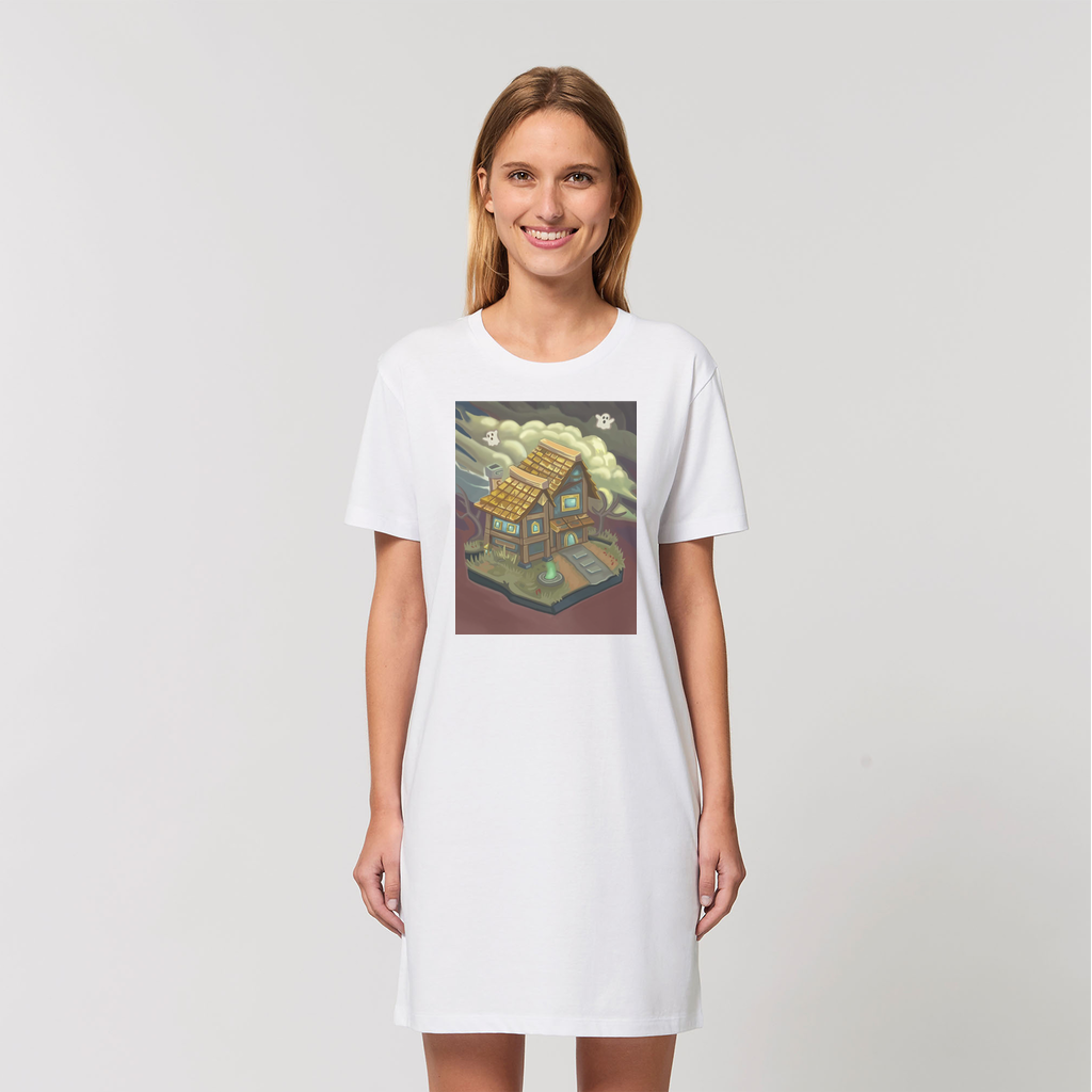 A stylish women's organic t-shirt dress made from 100% organic cotton, featuring a soft-hand feel and available in various sizes.