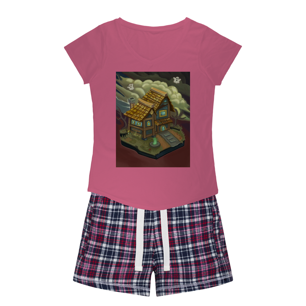 JohnsonKelly_House Women's Sleepy Tee and Flannel Short set featuring a relaxed fit T-shirt and vibrant flannel shorts, perfect for cozy nights.