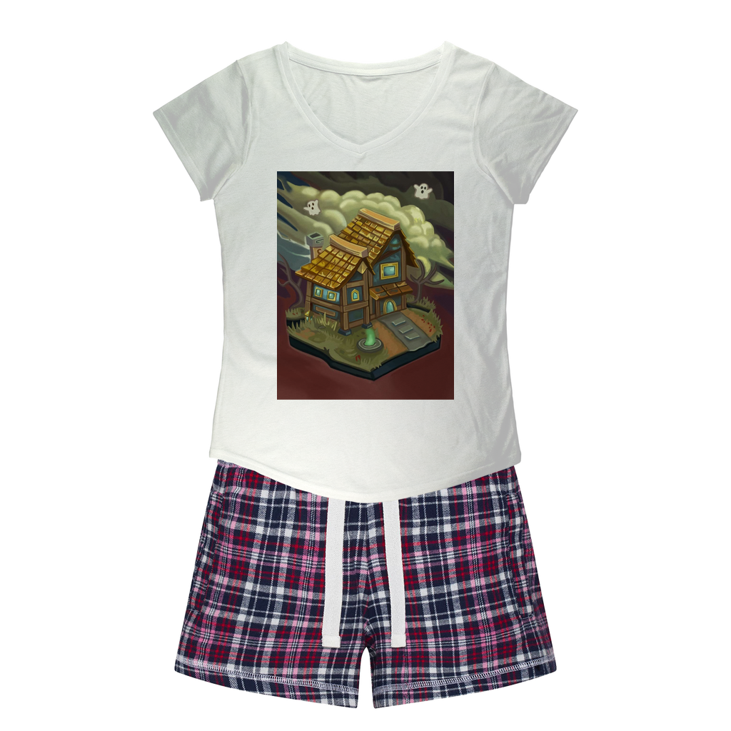 JohnsonKelly_House Women's Sleepy Tee and Flannel Short set featuring a relaxed fit T-shirt and vibrant flannel shorts, perfect for cozy nights.