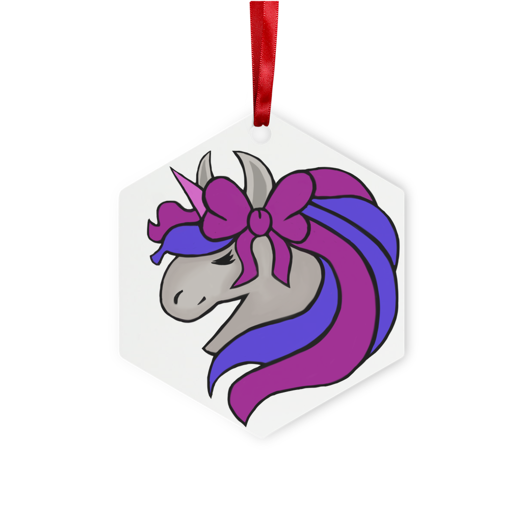 JohnsonKelly UnicornHead2 Metal Hanging Ornament in hexagon and star shapes, featuring a glossy white finish and red ribbon for hanging.