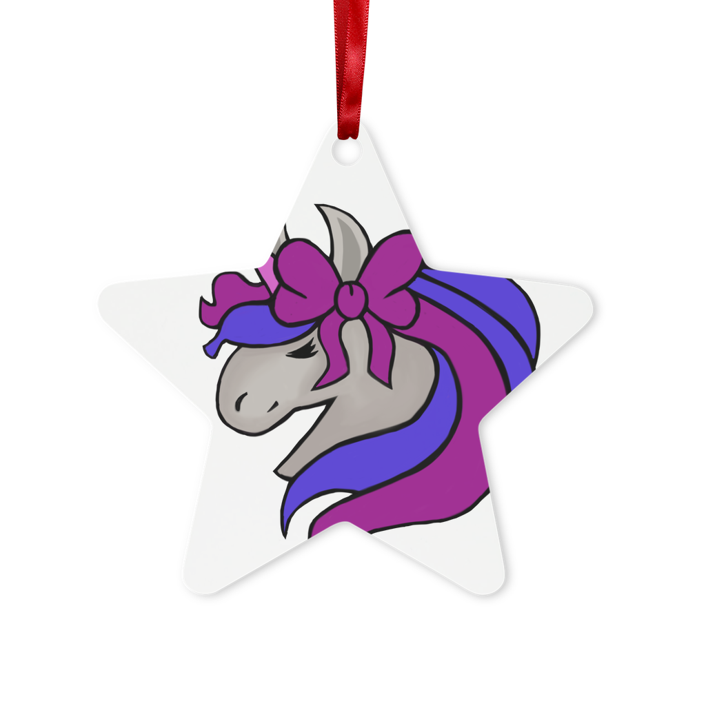 JohnsonKelly UnicornHead2 Metal Hanging Ornament in hexagon and star shapes, featuring a glossy white finish and red ribbon for hanging.