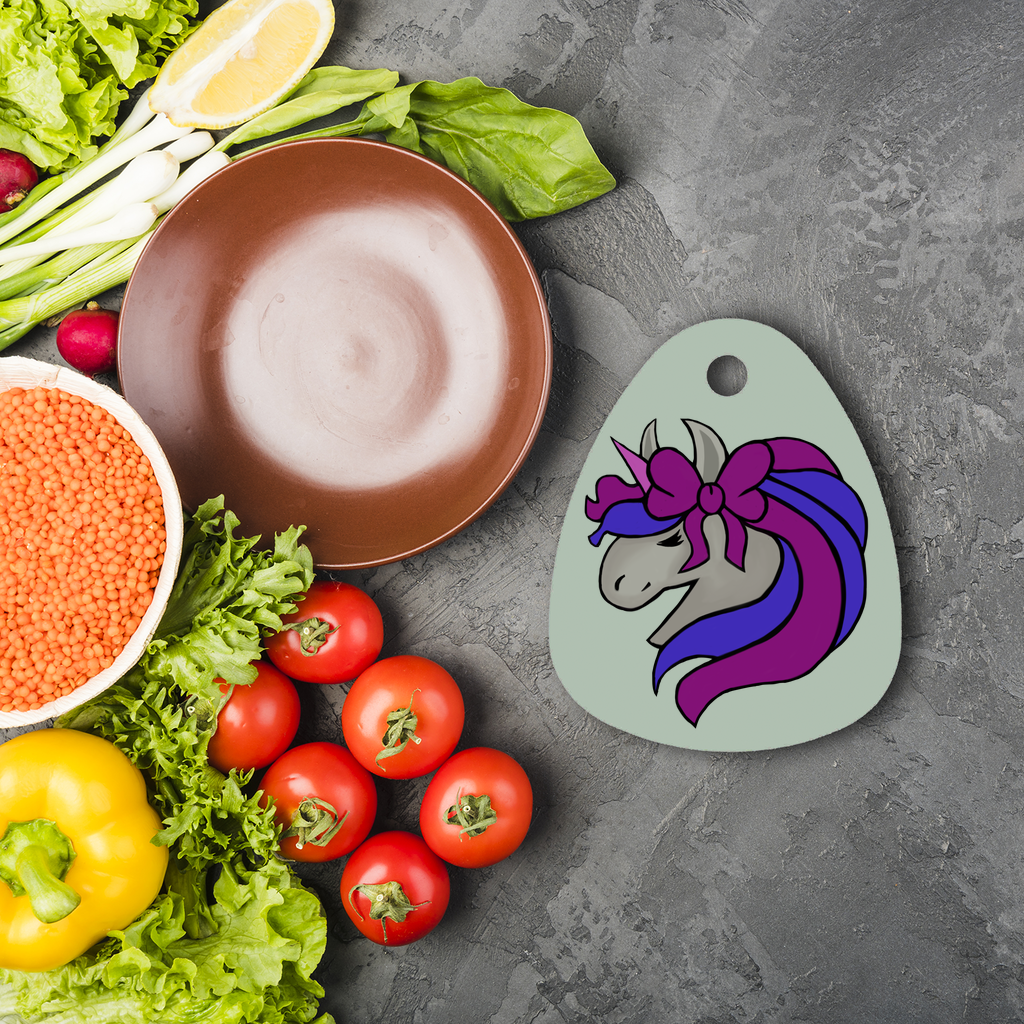 JohnsonKelly UnicornHead2 Sublimation Glass Cutting Board featuring a customizable design surface, toughened glass material, and rubber feet for stability.