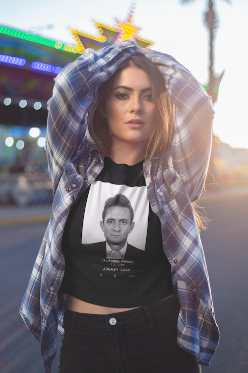 Johnny Cash Mugshot T-Shirt featuring a classic design with a vintage mugshot print, made from soft cotton fabric.