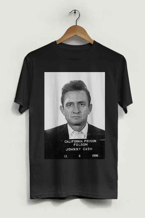 Johnny Cash Mugshot T-Shirt featuring a classic design with a vintage mugshot print, made from soft cotton fabric.