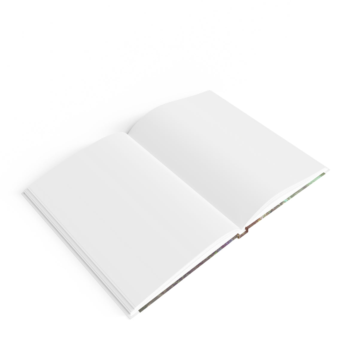 A hardcover blank journal with a colorful wraparound print, showcasing its 128 blank pages for creativity.