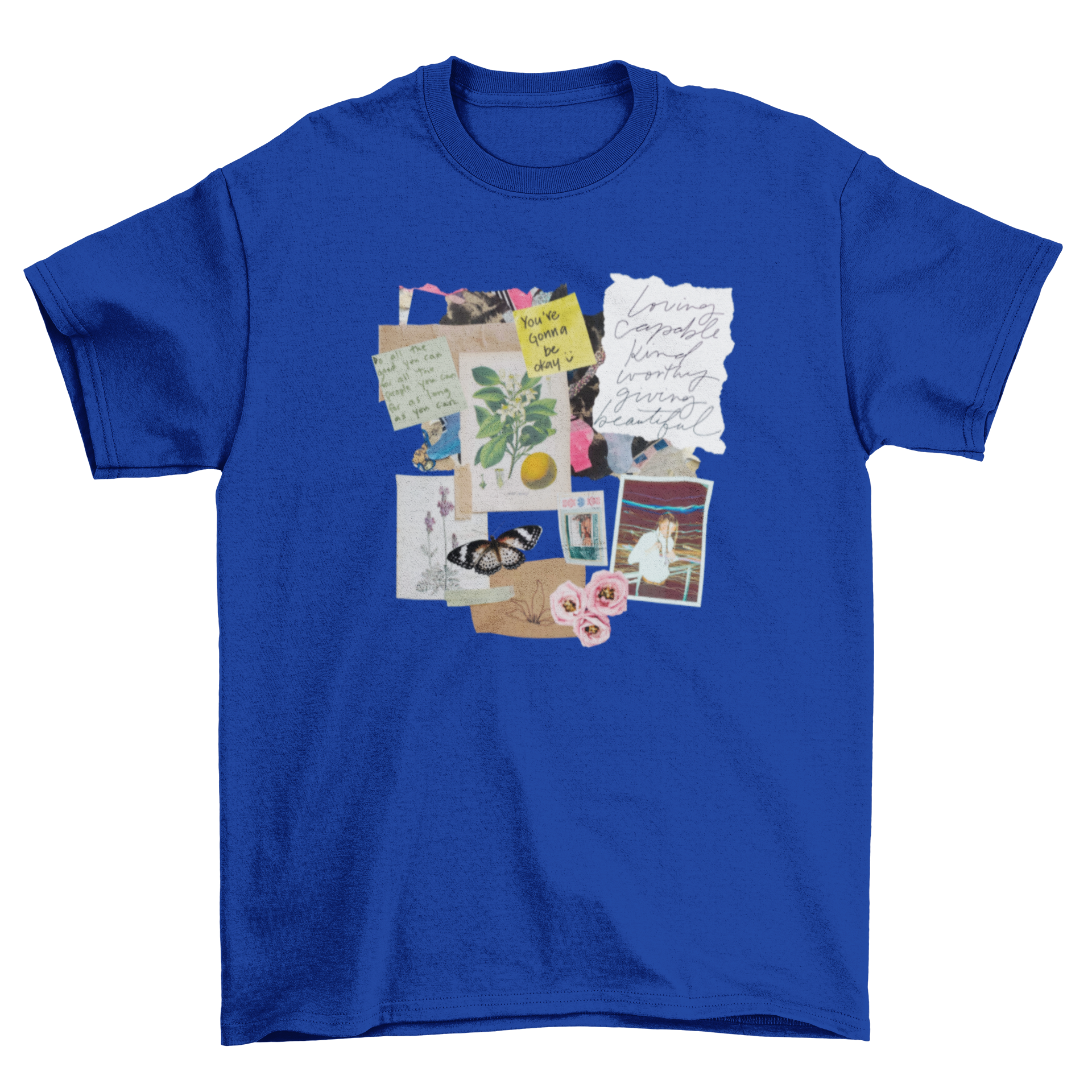 A stylish t-shirt featuring a journal page design with the quote 'You're gonna be okay' in a sticker format.