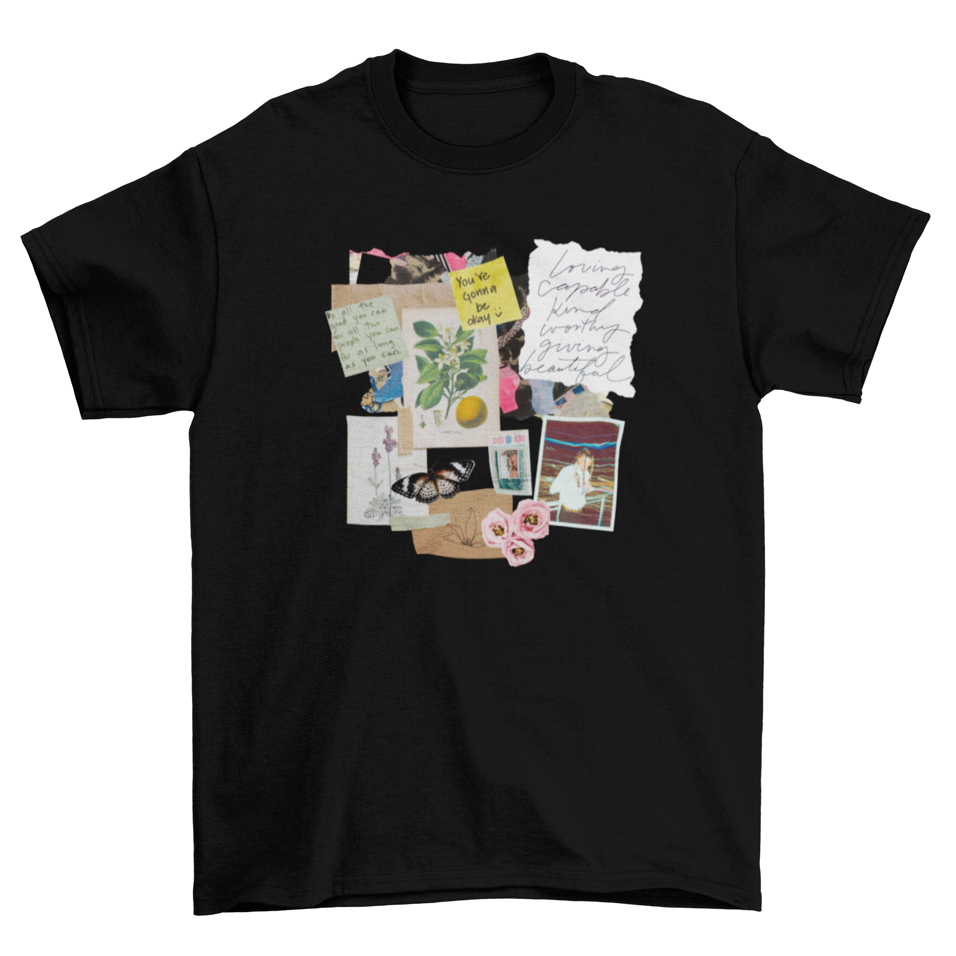 A stylish t-shirt featuring a journal page design with the quote 'You're gonna be okay' in a sticker format.