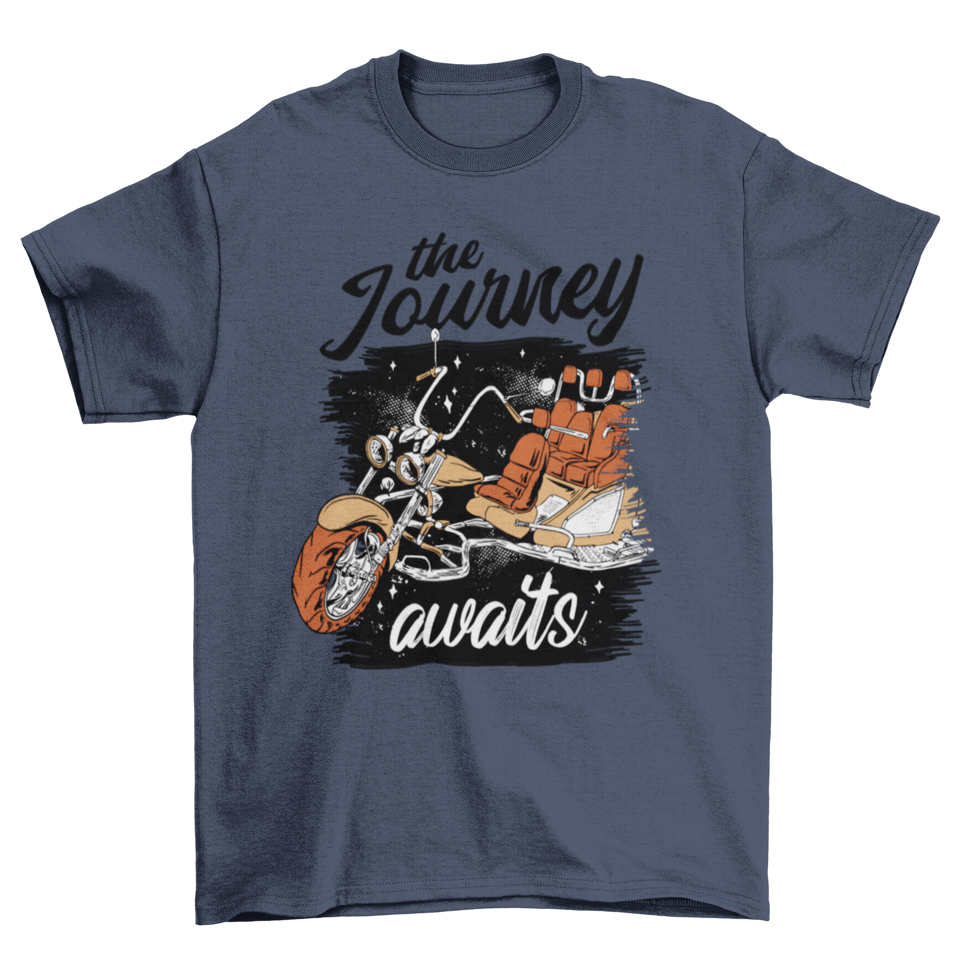 Journey Awaits motorbike t-shirt featuring a motorcycle graphic and inspiring quote.