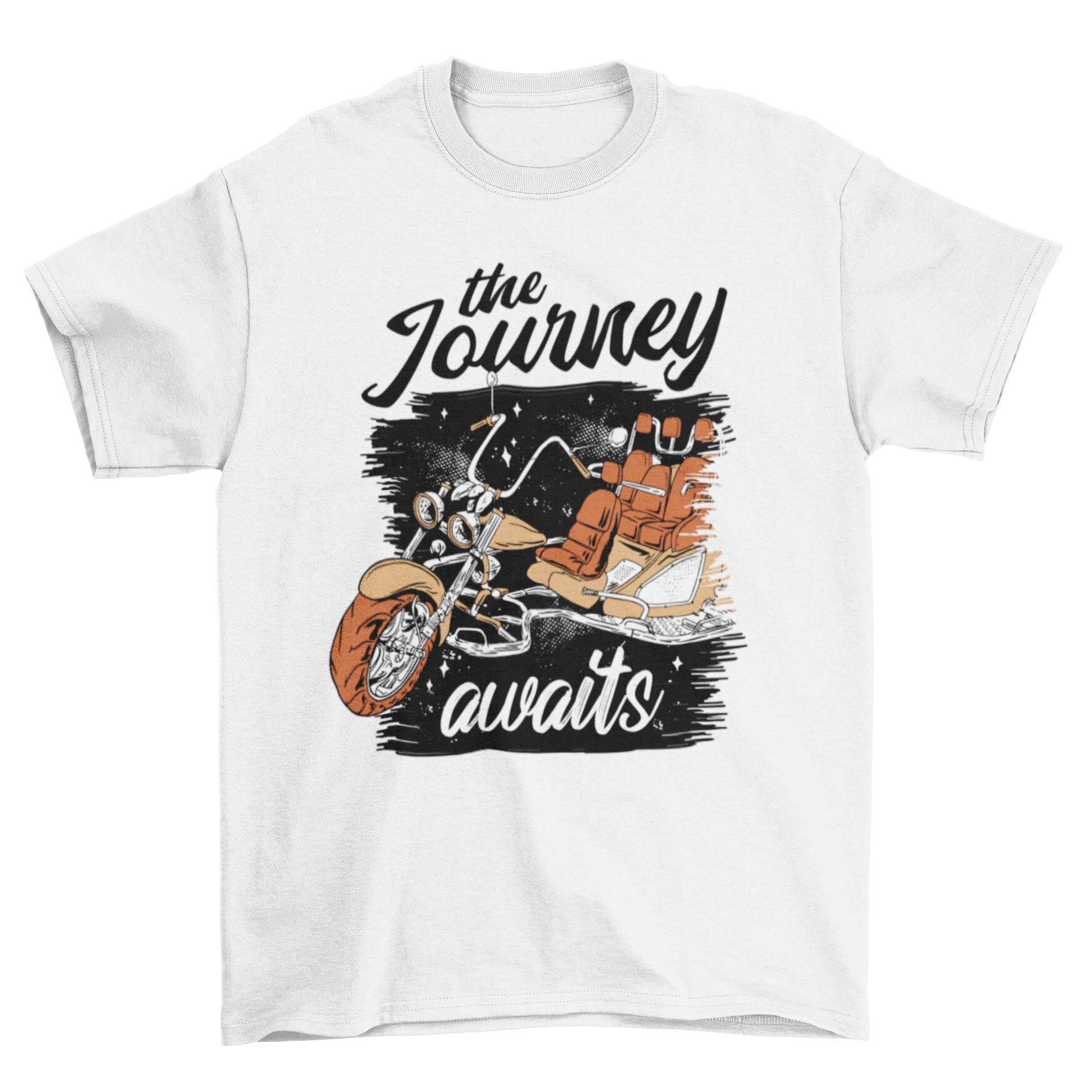 Journey Awaits motorbike t-shirt featuring a motorcycle graphic and inspiring quote.