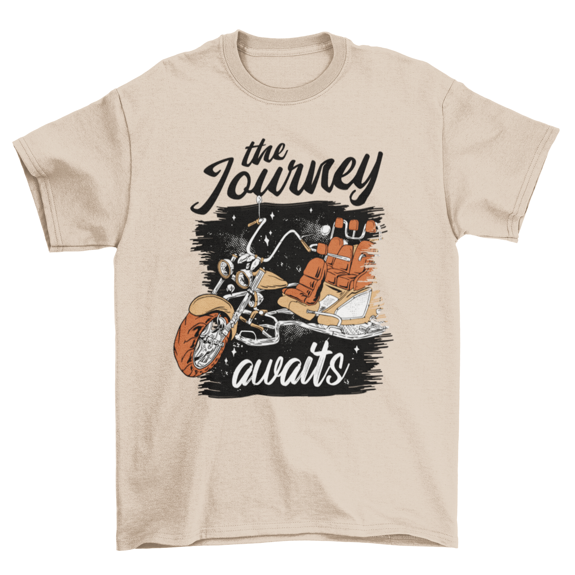 Journey Awaits motorbike t-shirt featuring a motorcycle graphic and inspiring quote.