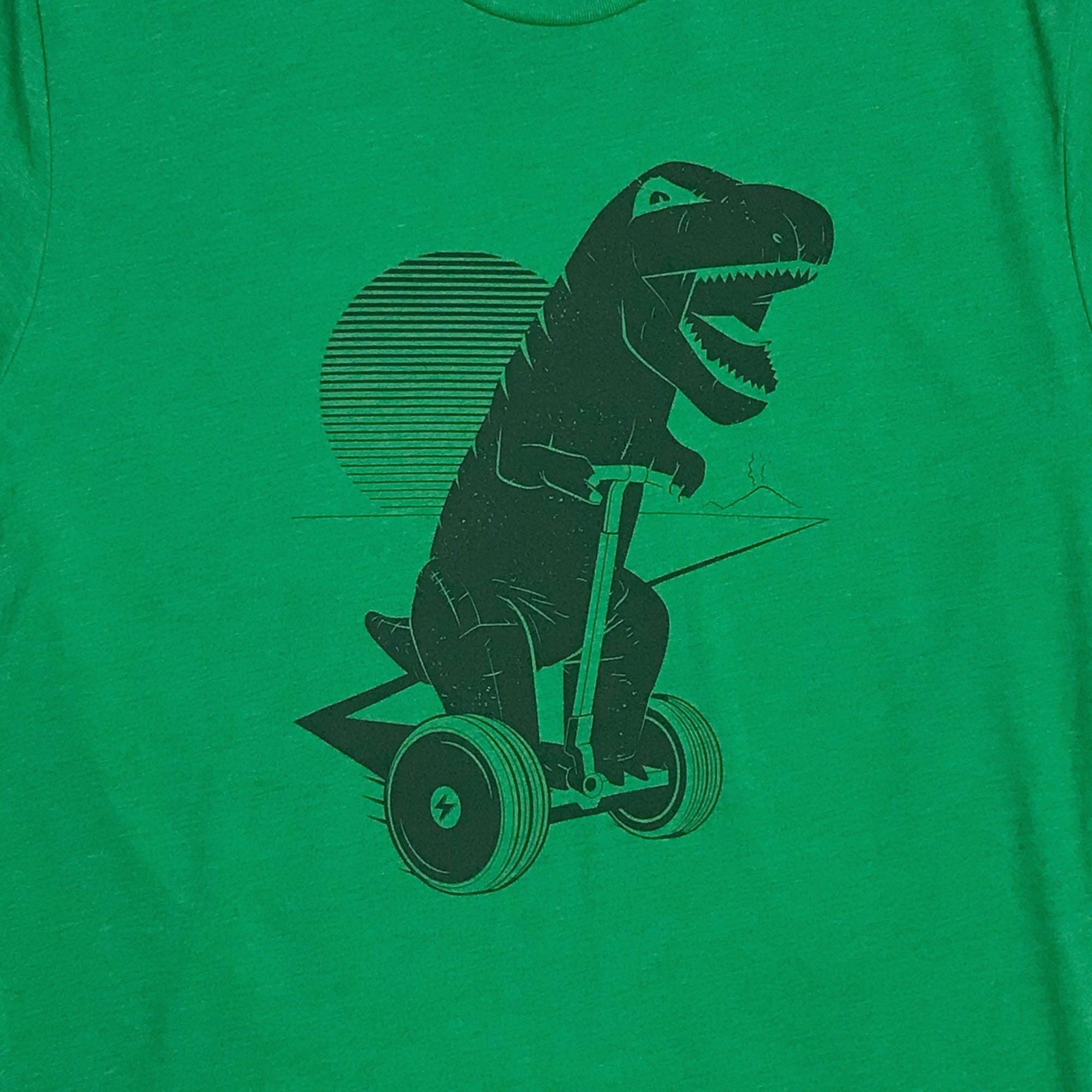 Joy Ride T-shirt featuring a dinosaur on a hoverboard, designed for adventure lovers, made from soft cotton-polyester blend.