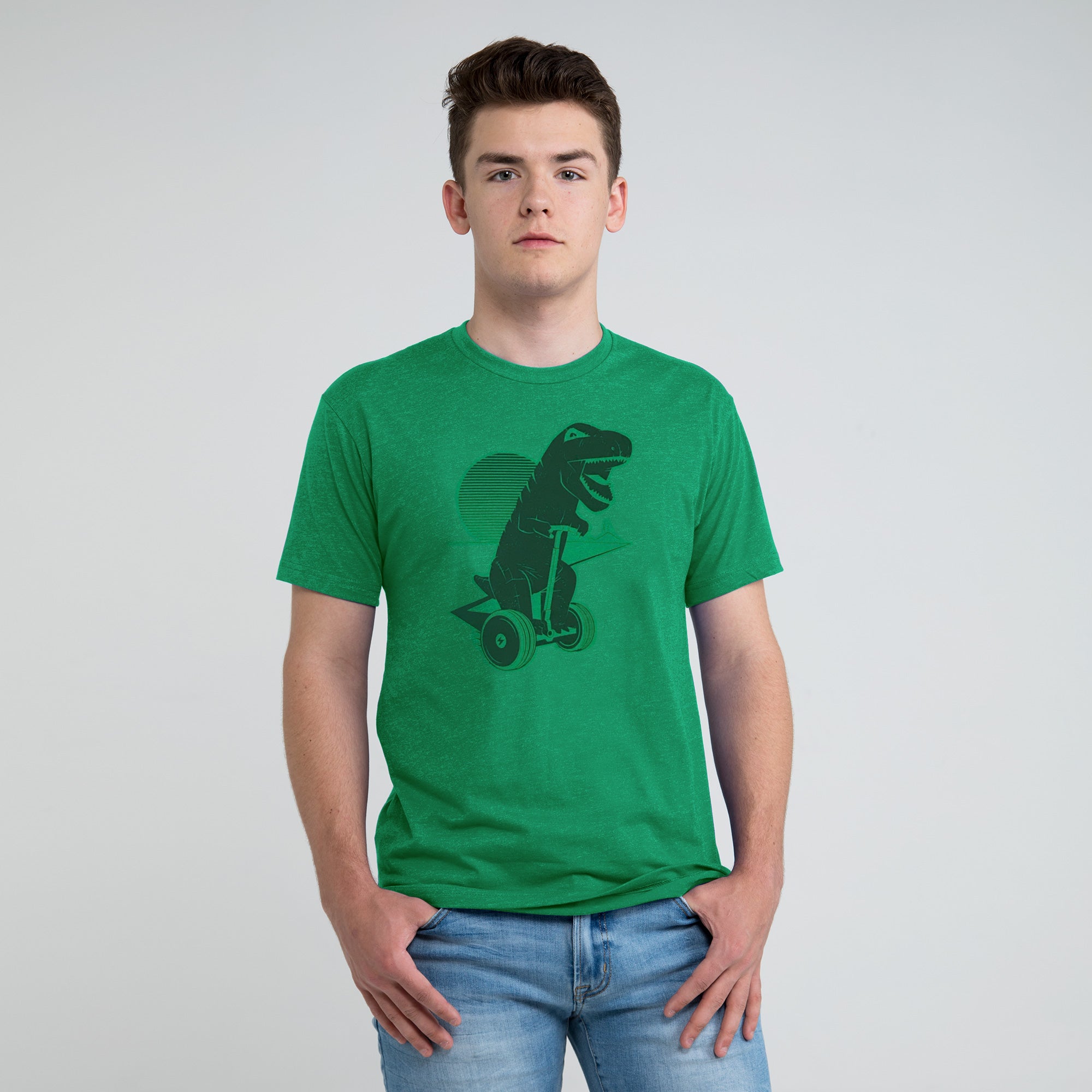 Joy Ride T-shirt featuring a dinosaur on a hoverboard, designed for adventure lovers, made from soft cotton-polyester blend.