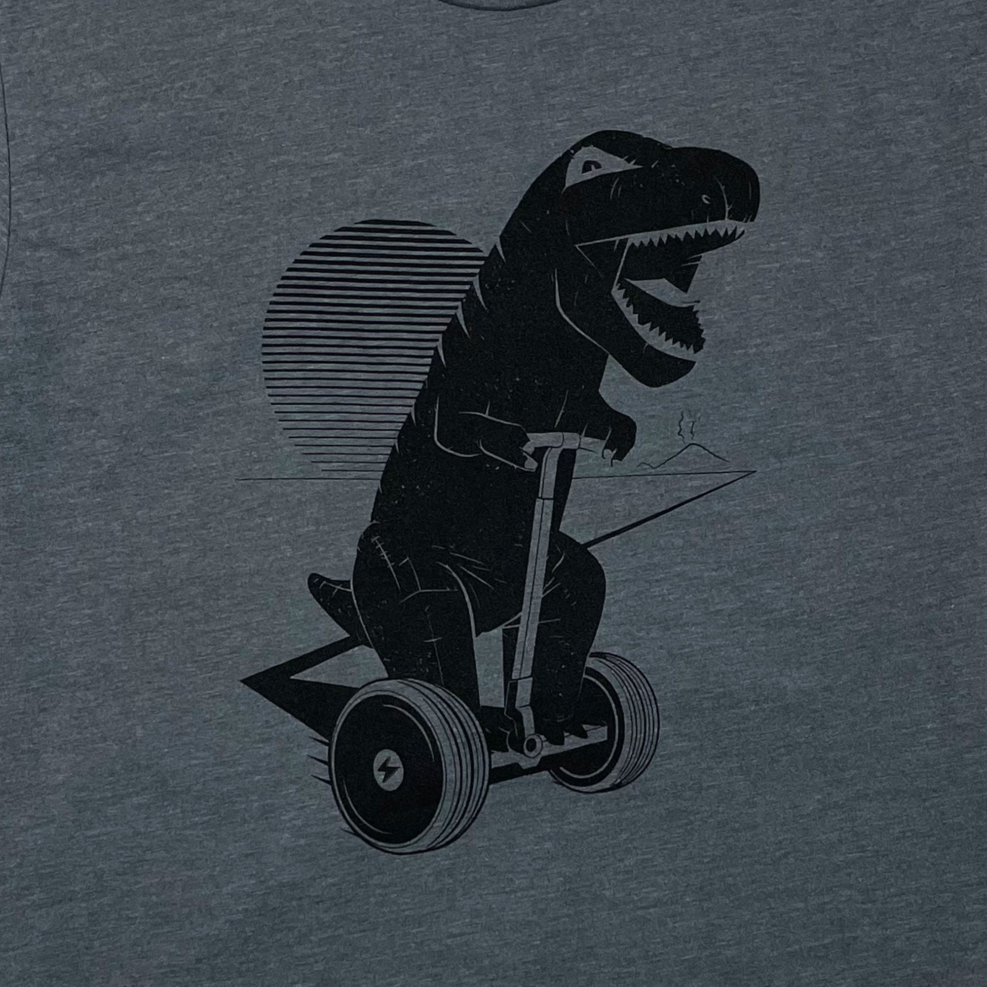 Joy Ride T-shirt featuring a dinosaur on a hoverboard, designed for adventure lovers, made from soft cotton-polyester blend.