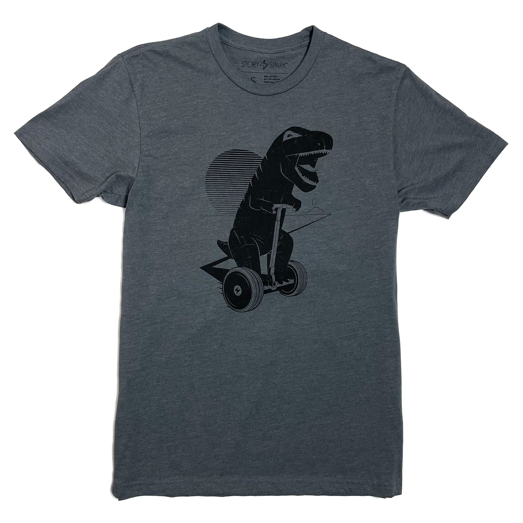 Joy Ride T-shirt featuring a dinosaur on a hoverboard, designed for adventure lovers, made from soft cotton-polyester blend.