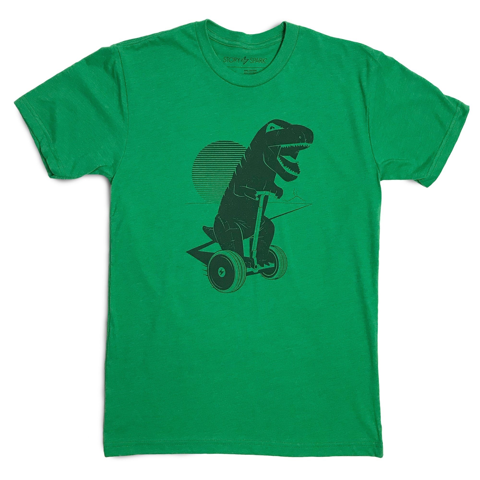 Joy Ride T-shirt featuring a dinosaur on a hoverboard, designed for adventure lovers, made from soft cotton-polyester blend.