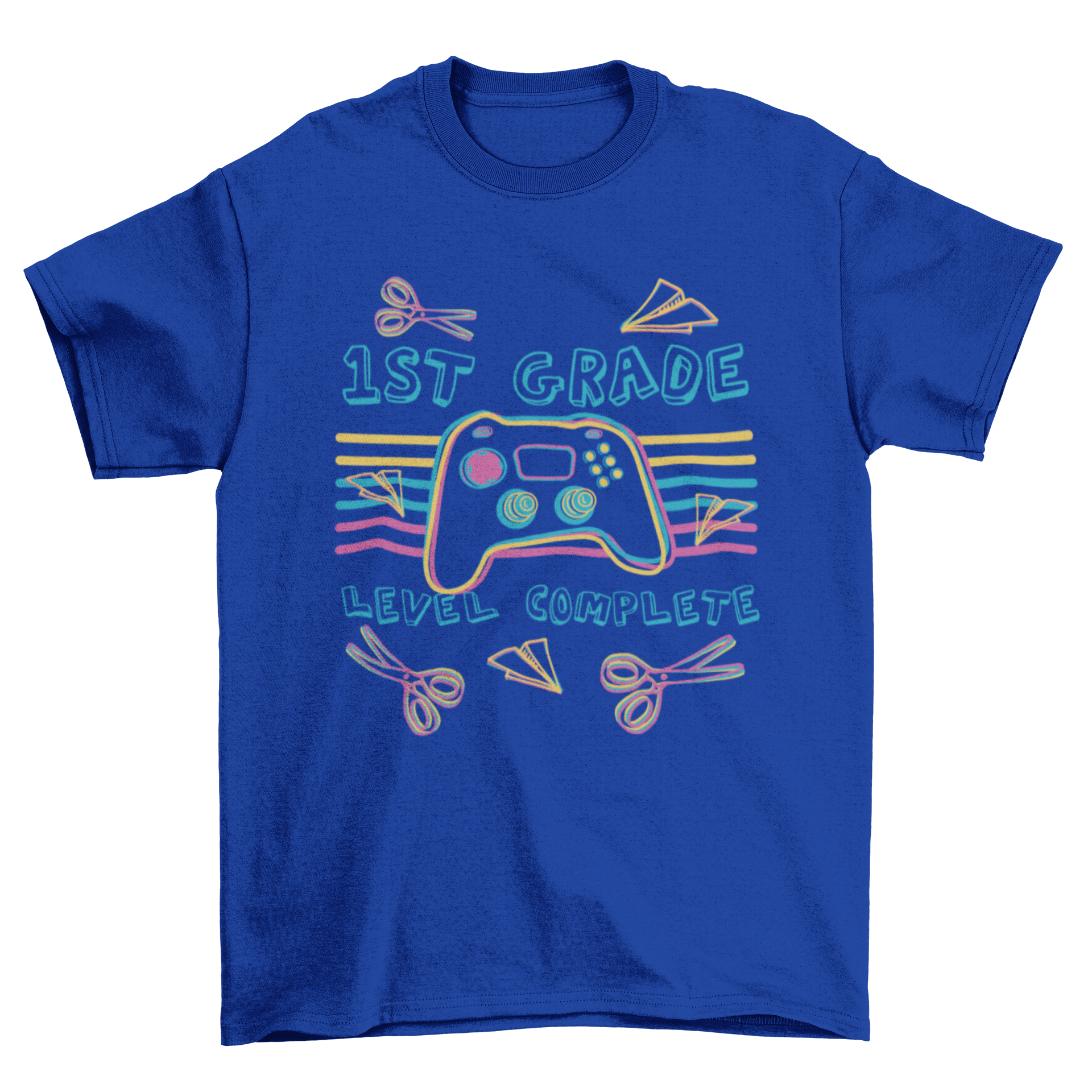 A colorful t-shirt featuring a joystick and school supplies with the quote '1st grade level complete'.