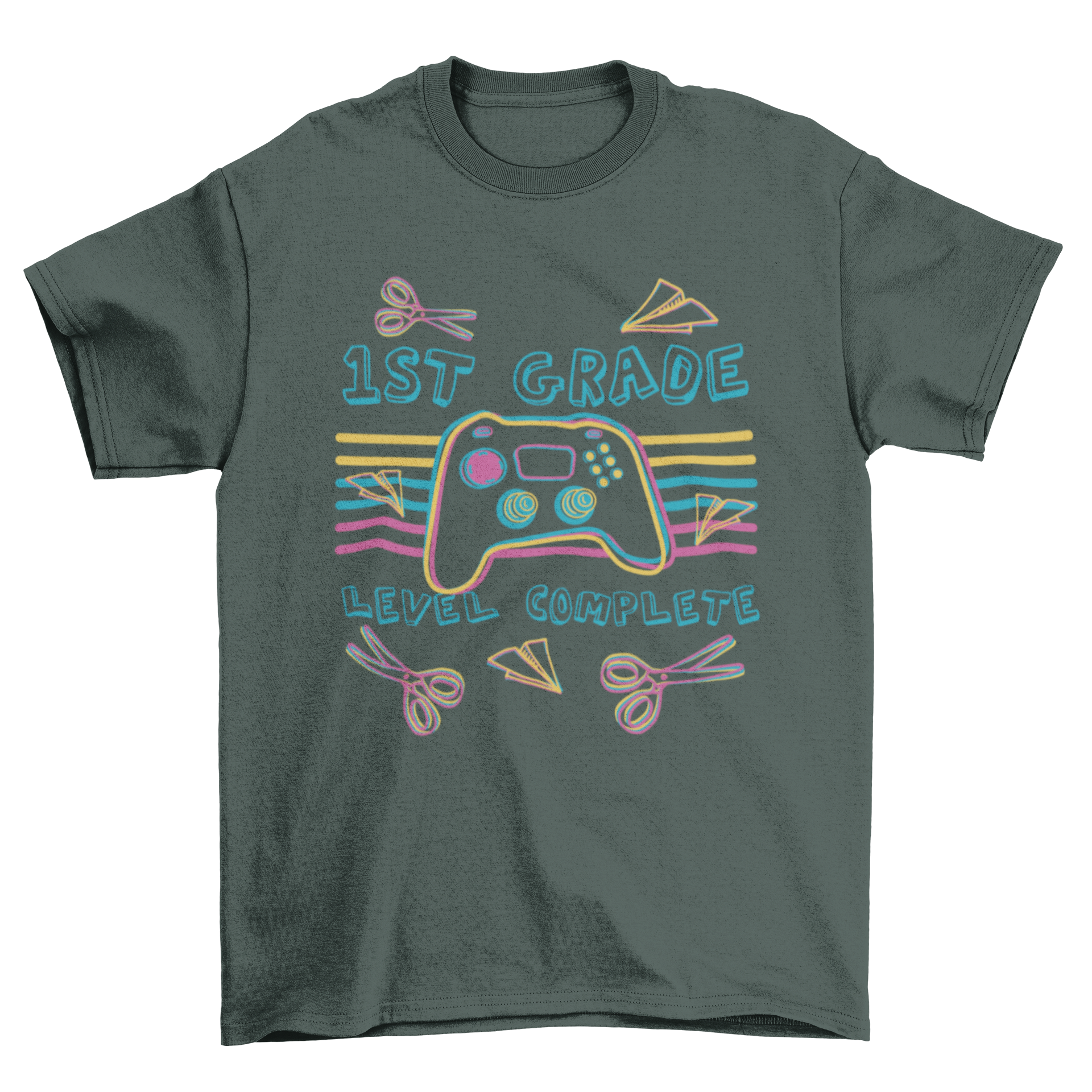 A colorful t-shirt featuring a joystick and school supplies with the quote '1st grade level complete'.